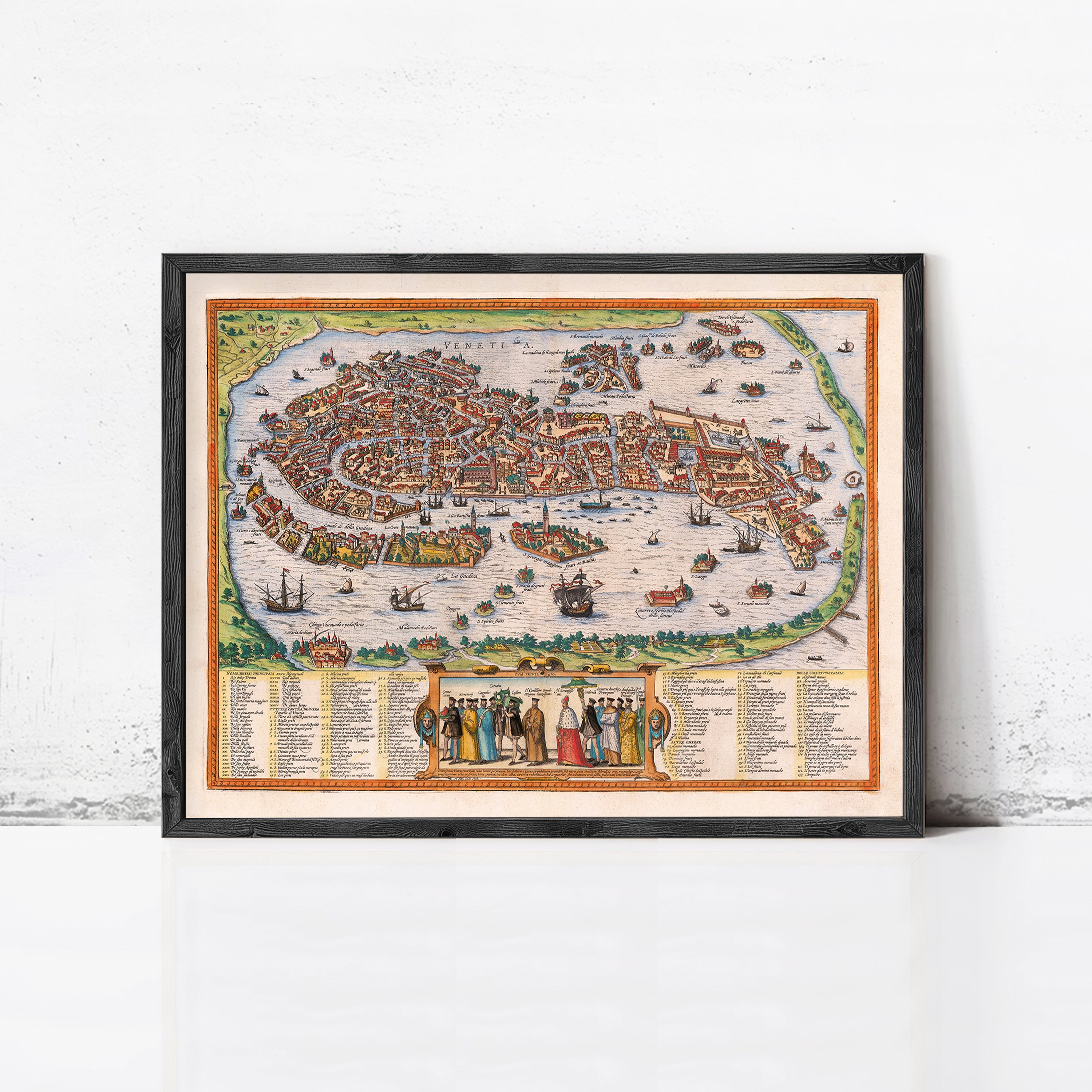 The image is a framed vintage map of Venice, Italy, depicting the city's layout and surrounding waterways.