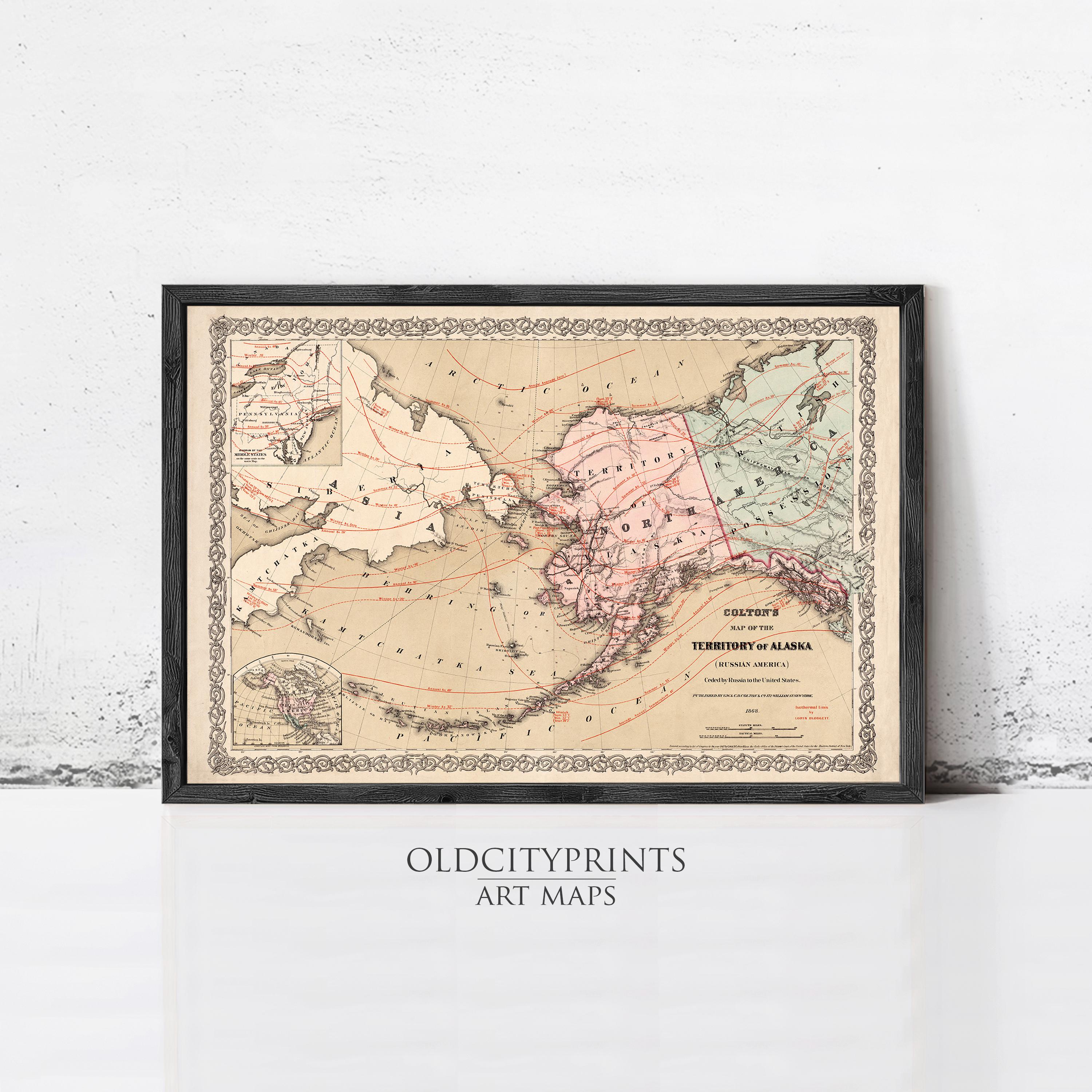 The image is a framed vintage map of Alaska, depicting the territory of Tongass and Yukon.