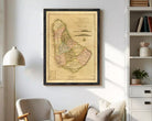 The image is a framed vintage map of Barbados, showing the country's geographical layout and boundaries.