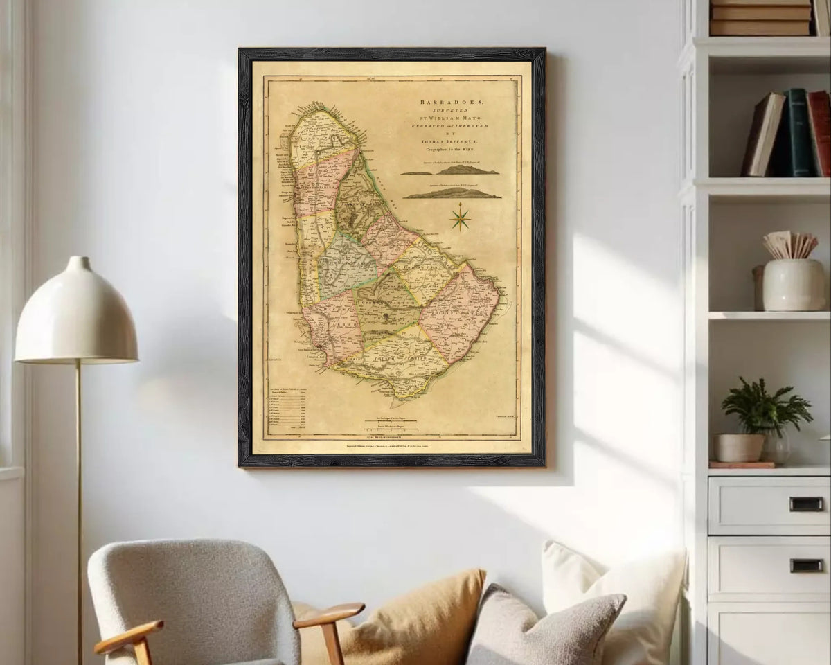 The image is a framed vintage map of Barbados, showing the country's geographical layout and boundaries.