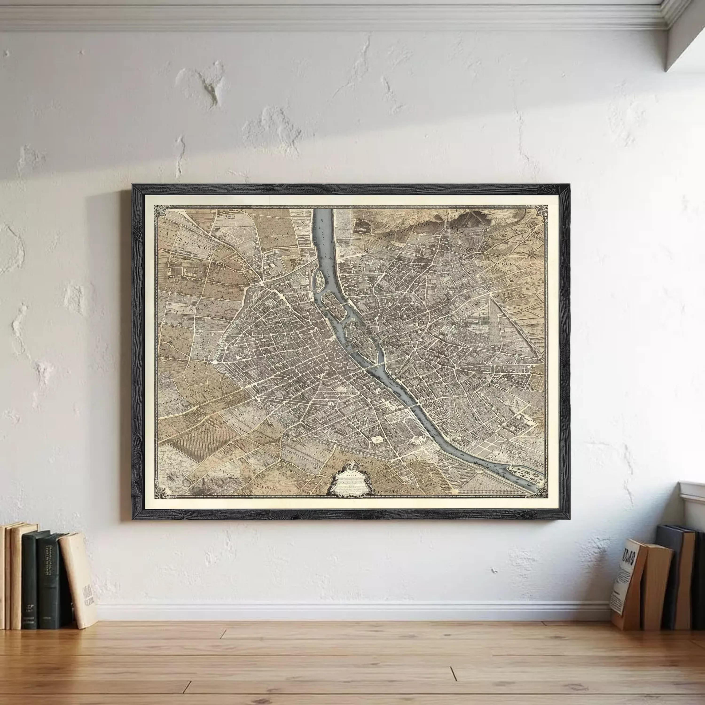 The image is a framed map of a city, likely Paris, with a detailed and intricate layout of streets, rivers, and other landmarks.