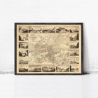 The image is a framed vintage map of a city, featuring a detailed layout of streets, buildings, and landmarks.