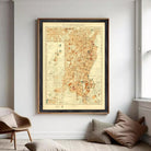 The image is a framed vintage map of a region, likely from the early 20th century, depicting various landmarks and geographical features.