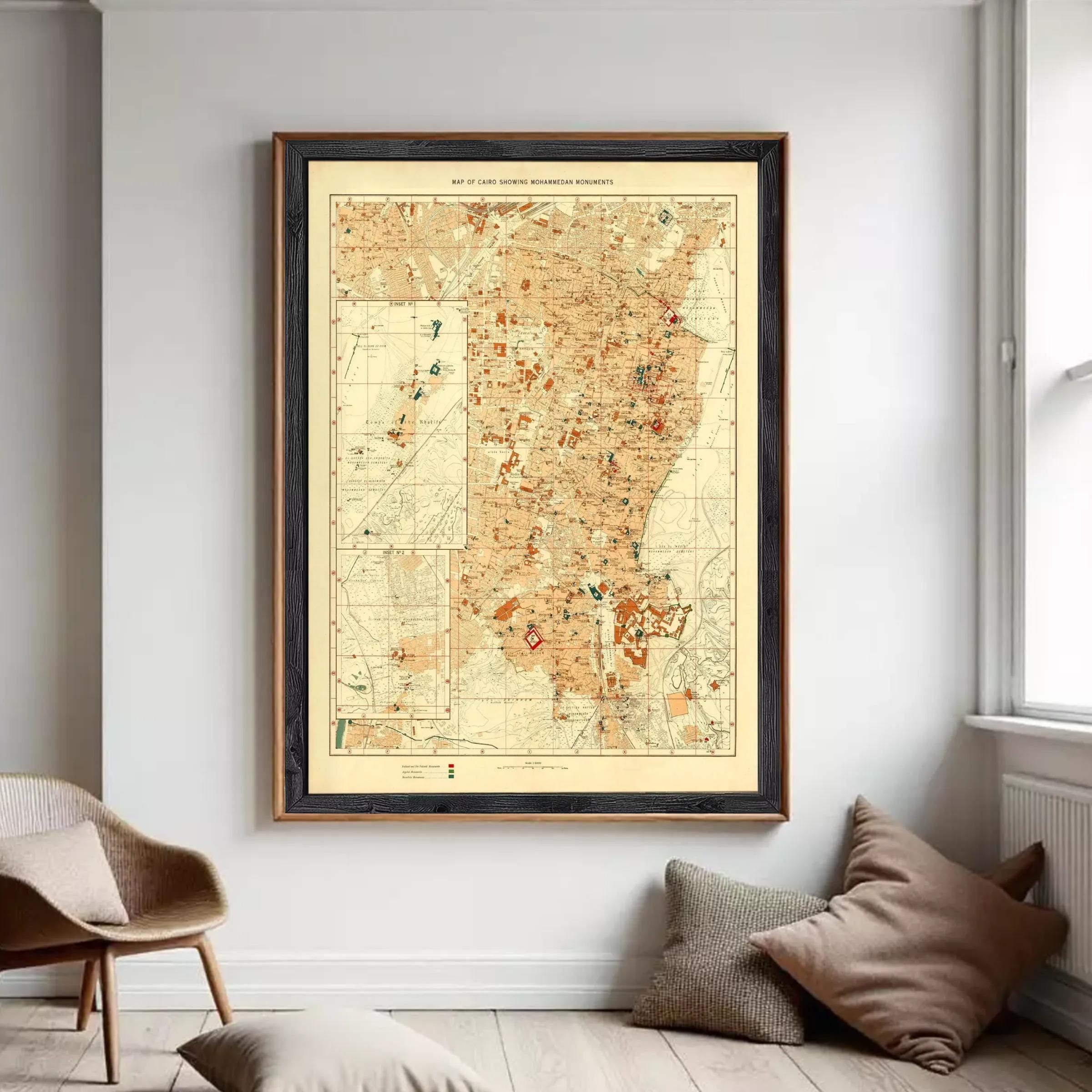 The image is a framed vintage map of a region, likely from the early 20th century, depicting various landmarks and geographical features.