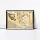 The image is a framed vintage map of Iran, depicting the country's geographical layout and surrounding areas.