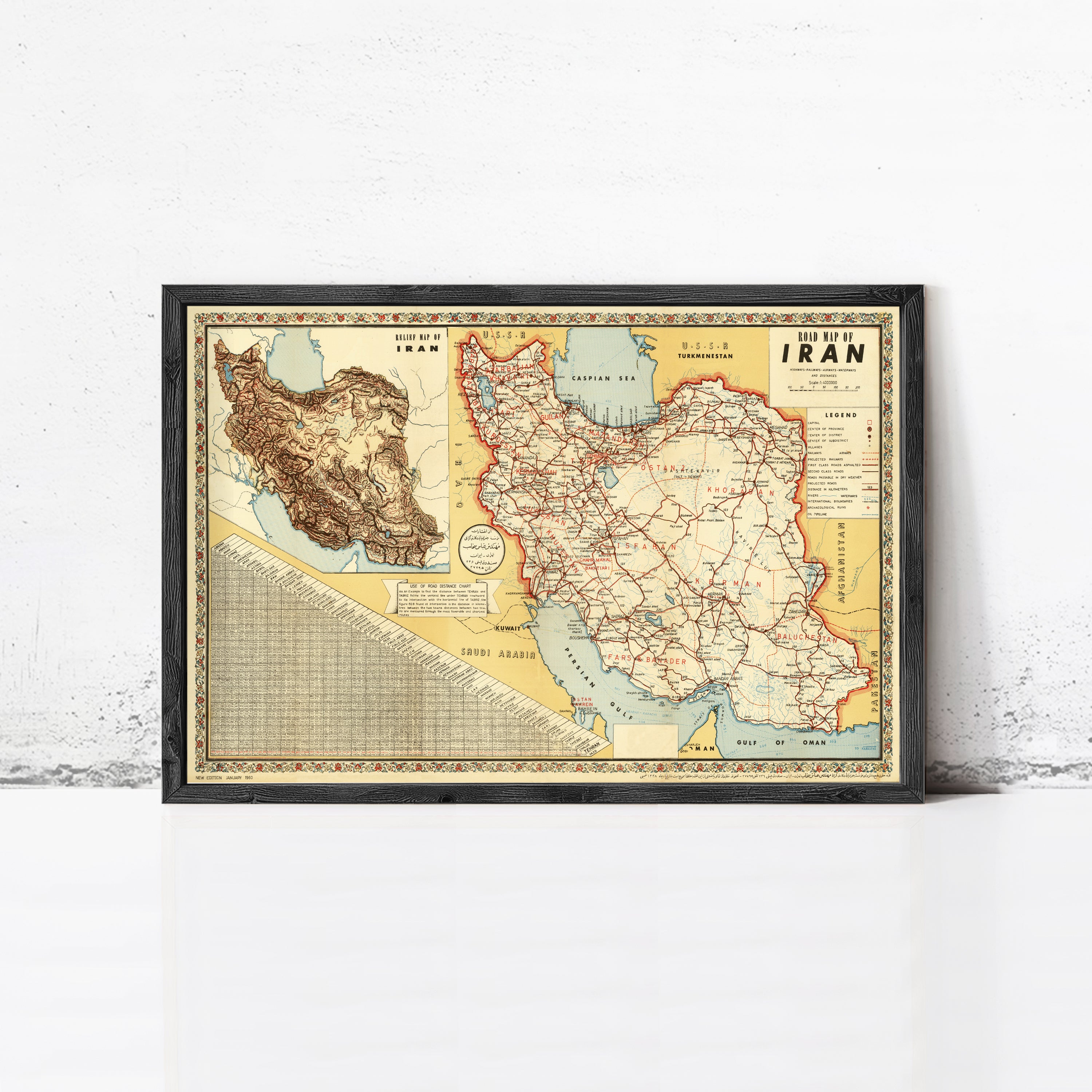 The image is a framed vintage map of Iran, depicting the country's geographical layout and surrounding areas.
