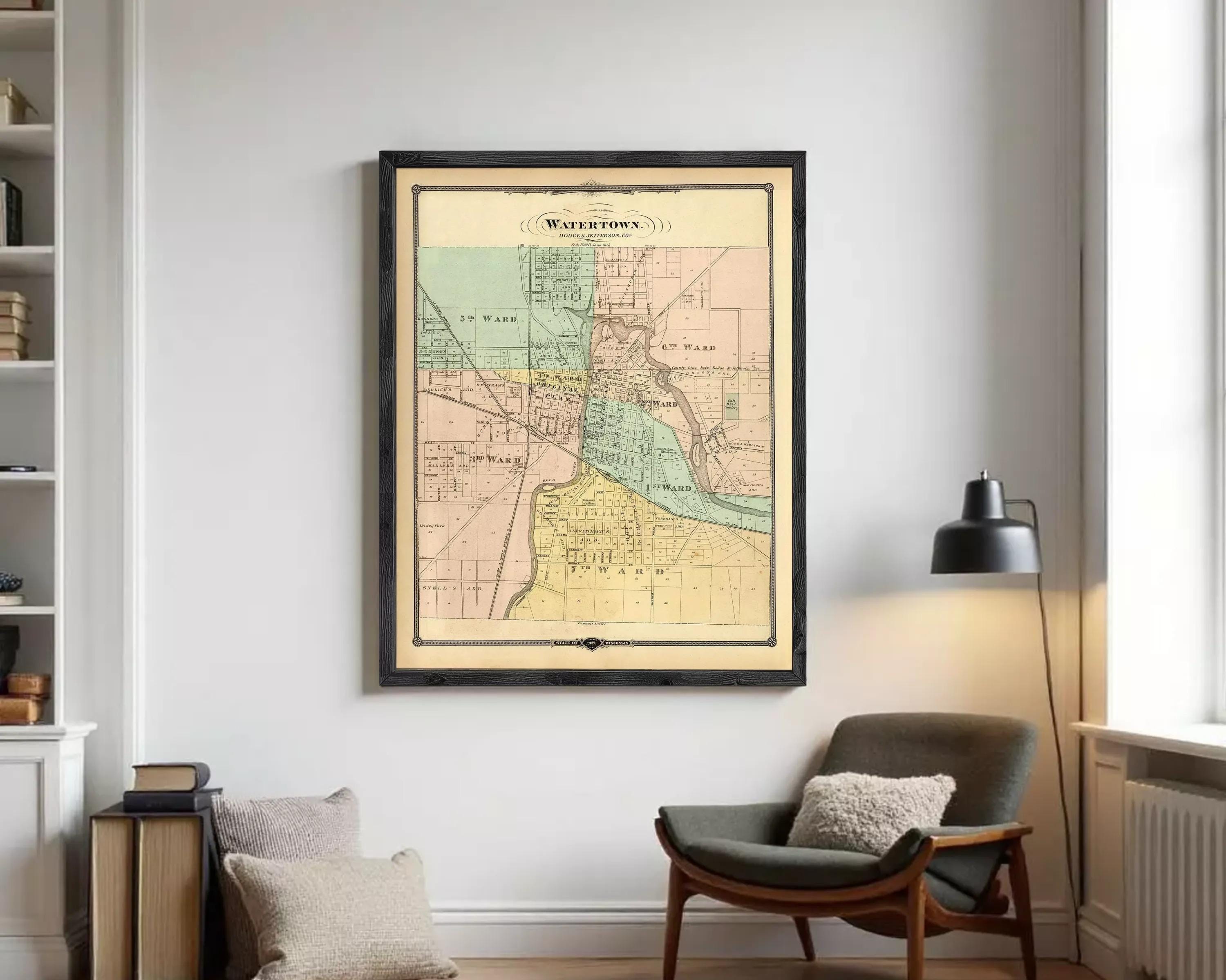 The image is a framed map of Watertown, Pennsylvania, showing the layout of the town and surrounding areas.