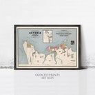 The image is a framed vintage map of Astoria, Oregon, depicting the area in a detailed and colorful manner.