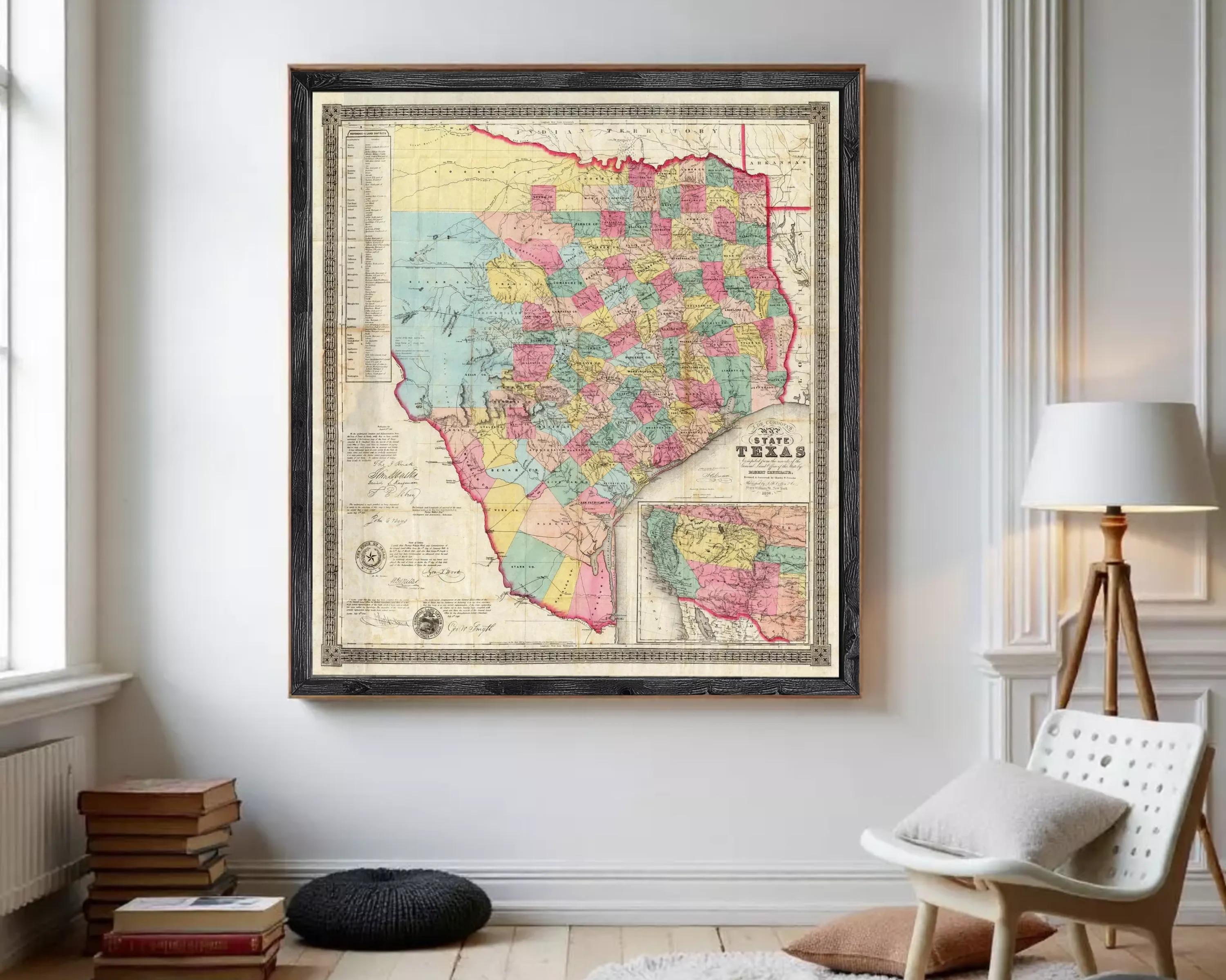 The image is a framed vintage map of Texas, depicting the state in a detailed and colorful manner.