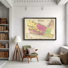 a large framed map of the Yonkers region hanging on a white wall in a cozy living room setting.