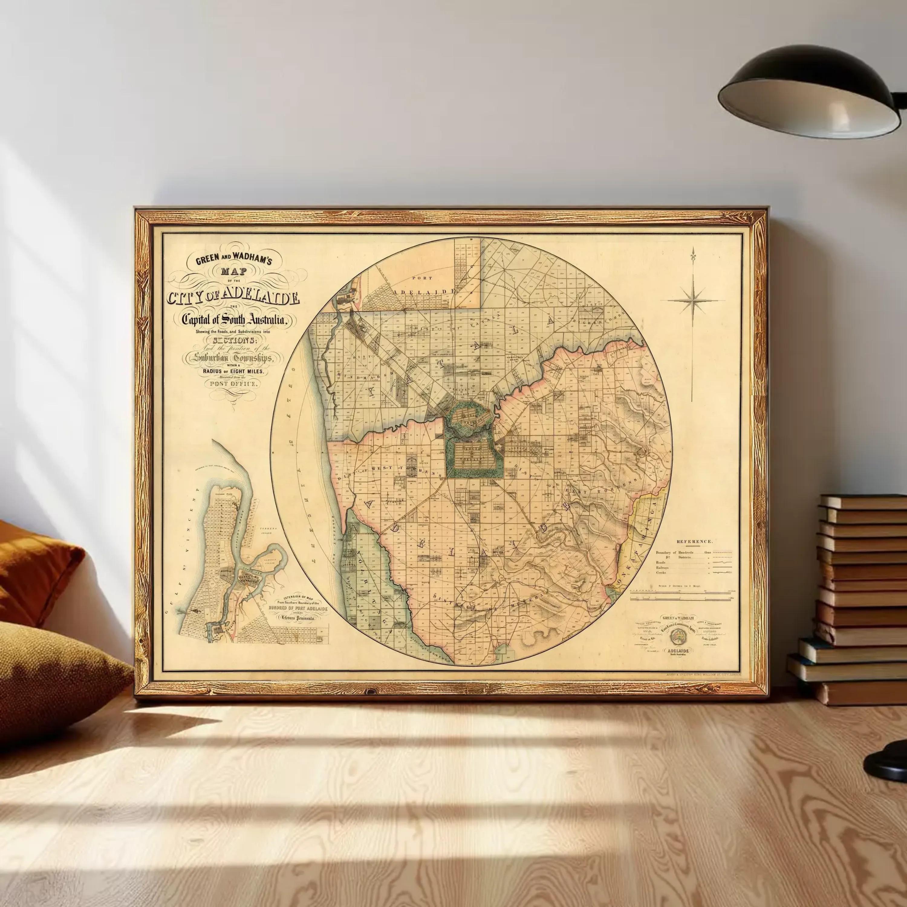 The image is a framed antique map of the city of Citadel of South Australia, showing the surrounding areas and geographical details.