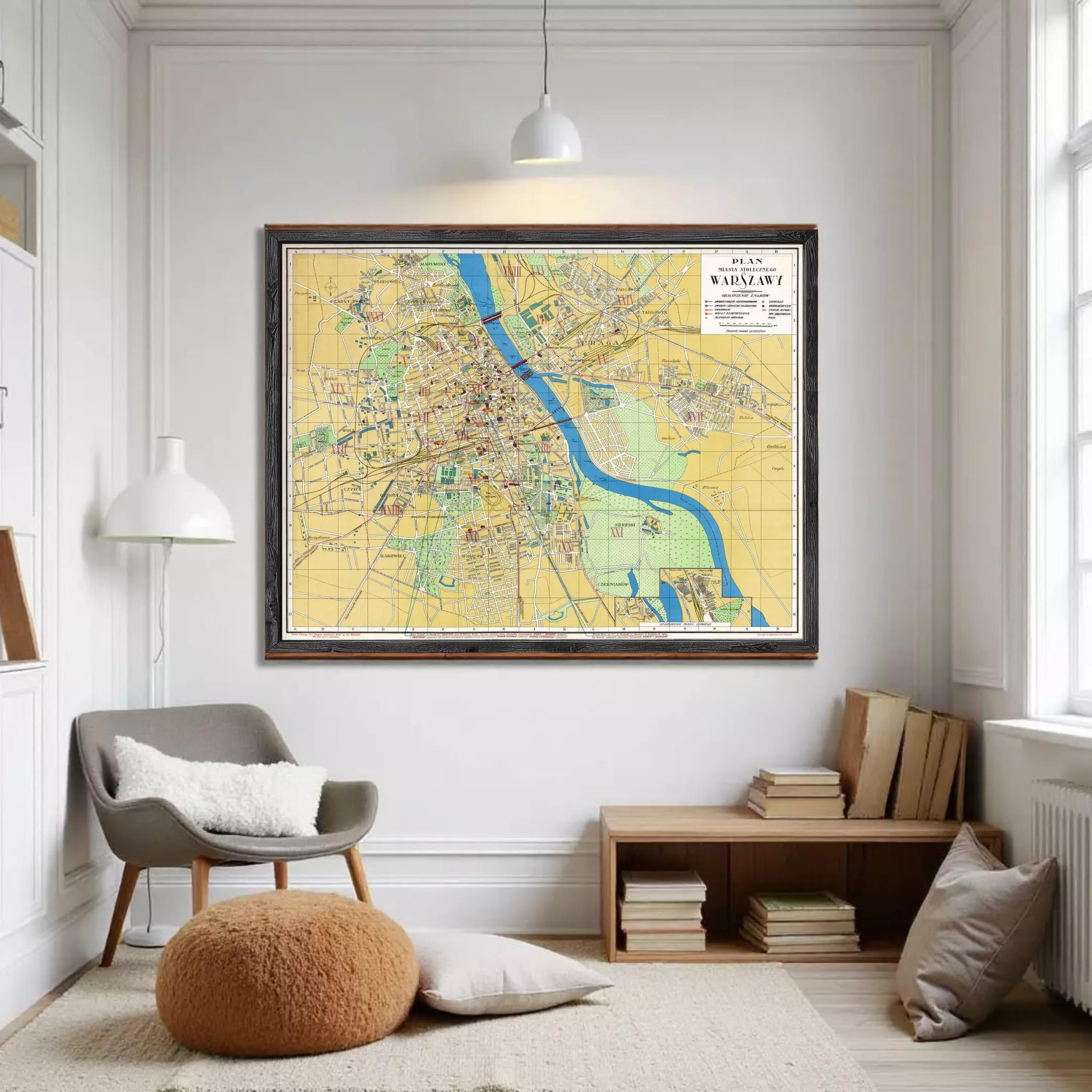 The image is a framed map of Warsaw, Poland, depicting the city's streets, landmarks, and surrounding areas.