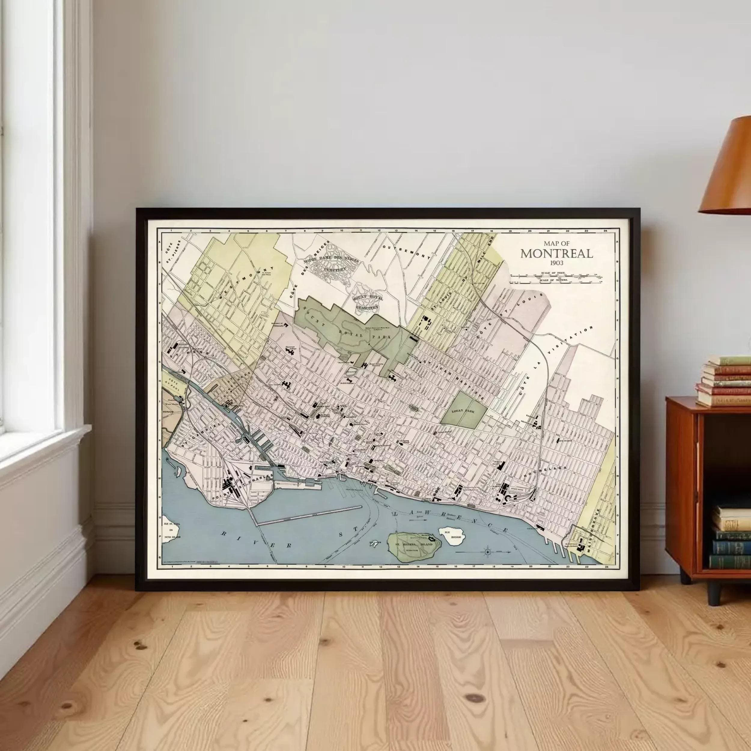 The image is a framed map of Montreal, Canada, depicting the city's streets, landmarks, and surrounding areas.
