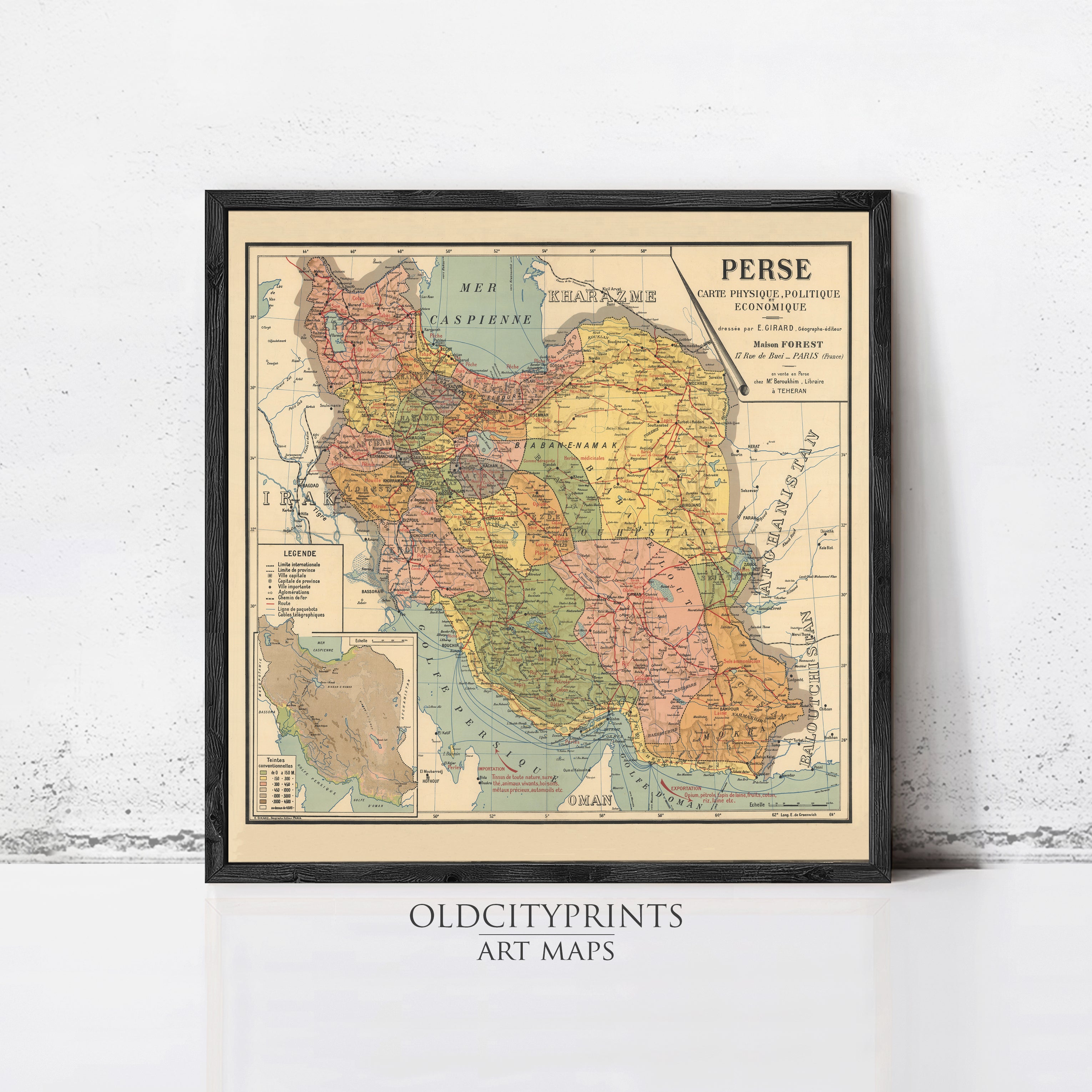 The image is a framed vintage map of Iran, depicting the country's geographical layout and boundaries.