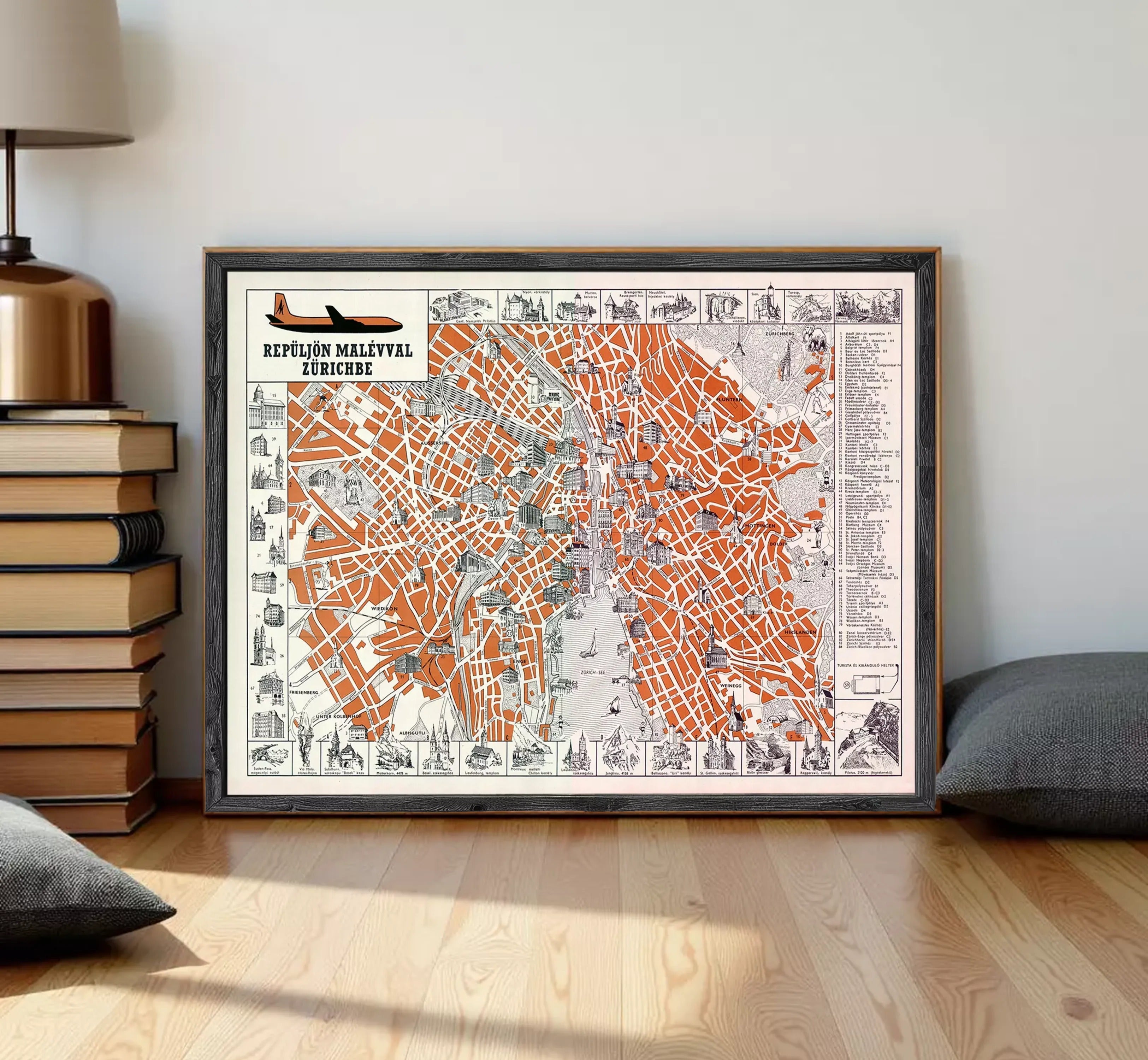 The image is a framed vintage map of Prague, Czech Republic, depicting the city's streets and landmarks in an orange and black color scheme.