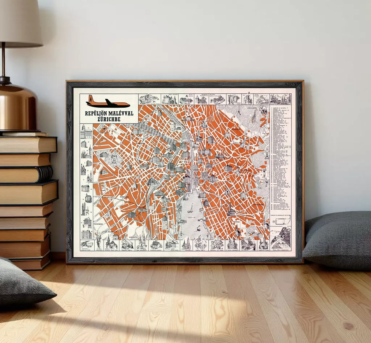 The image is a framed vintage map of Prague, Czech Republic, depicting the city's streets and landmarks in an orange and black color scheme.
