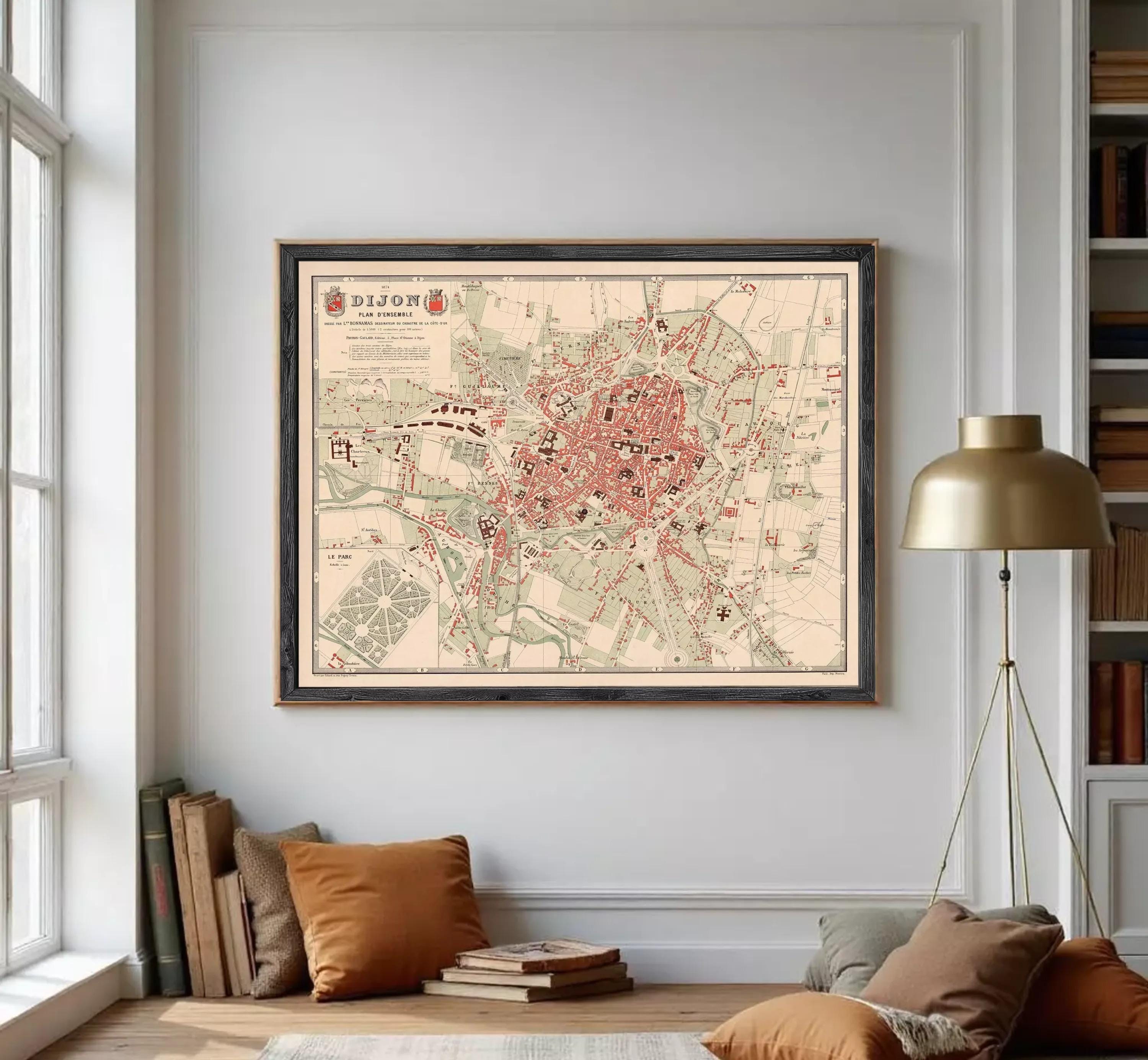 The image is a framed vintage map of a city, likely from the 19th century, with a detailed layout of streets, buildings, and other landmarks.