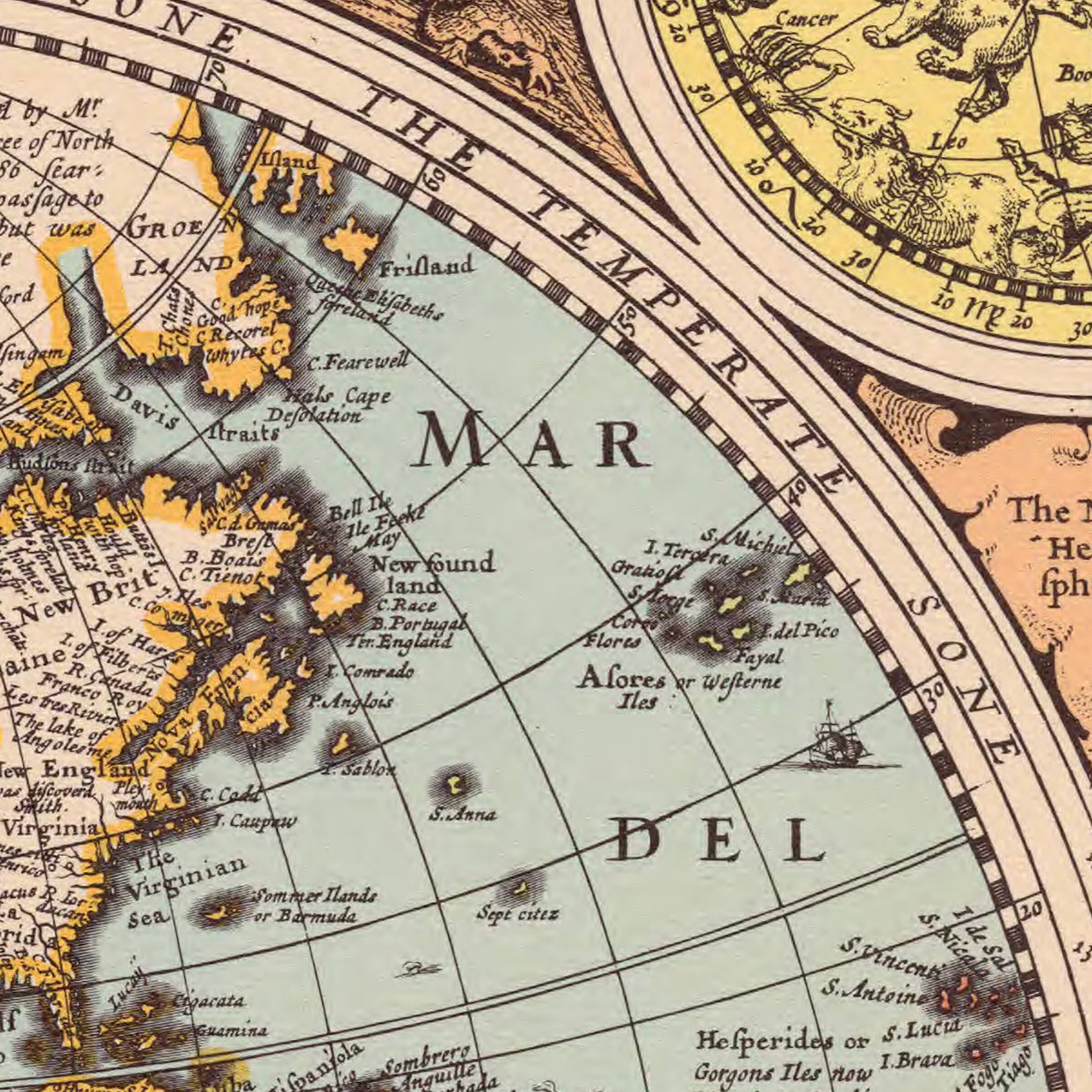 The image is a vintage map of the world, showing the landmasses and surrounding bodies of water.