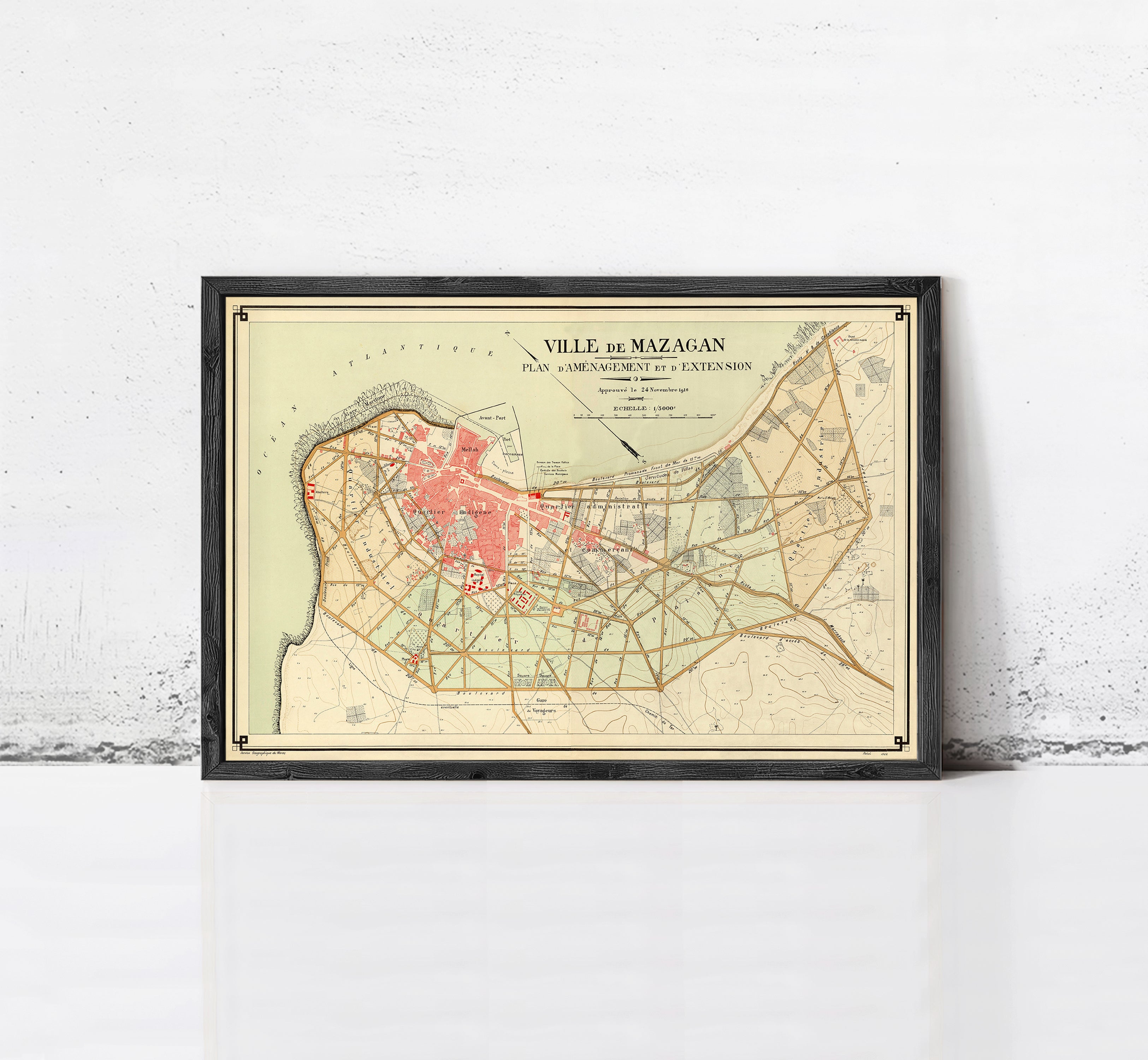 The image is a framed vintage map of the village of Mazagan, located in the Mediterranean region.