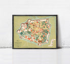 The image is a framed map of a city, depicting a detailed layout of the streets, buildings, and other urban features.