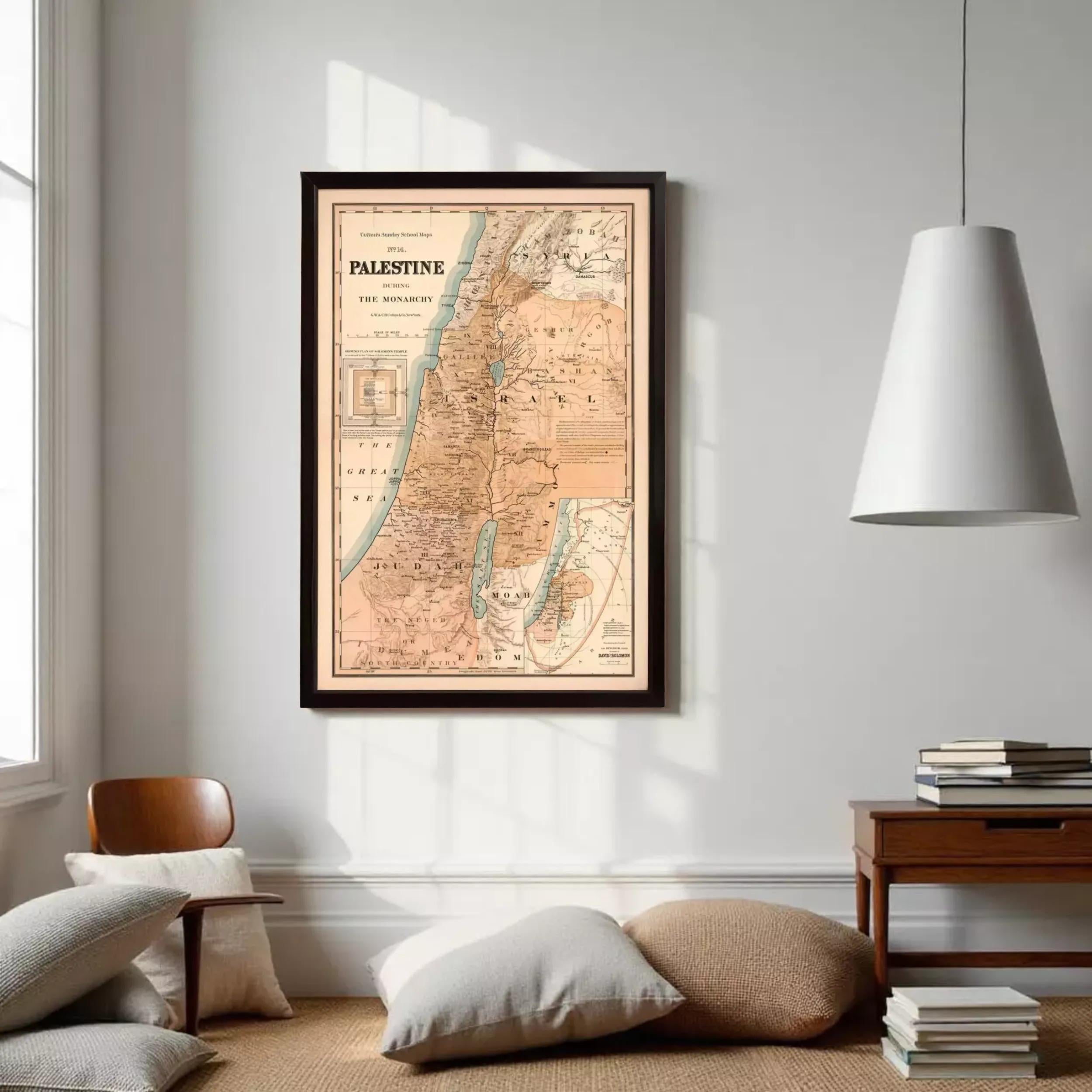 The image is a framed historical map of the Middle East, specifically focusing on the region of Palestine.