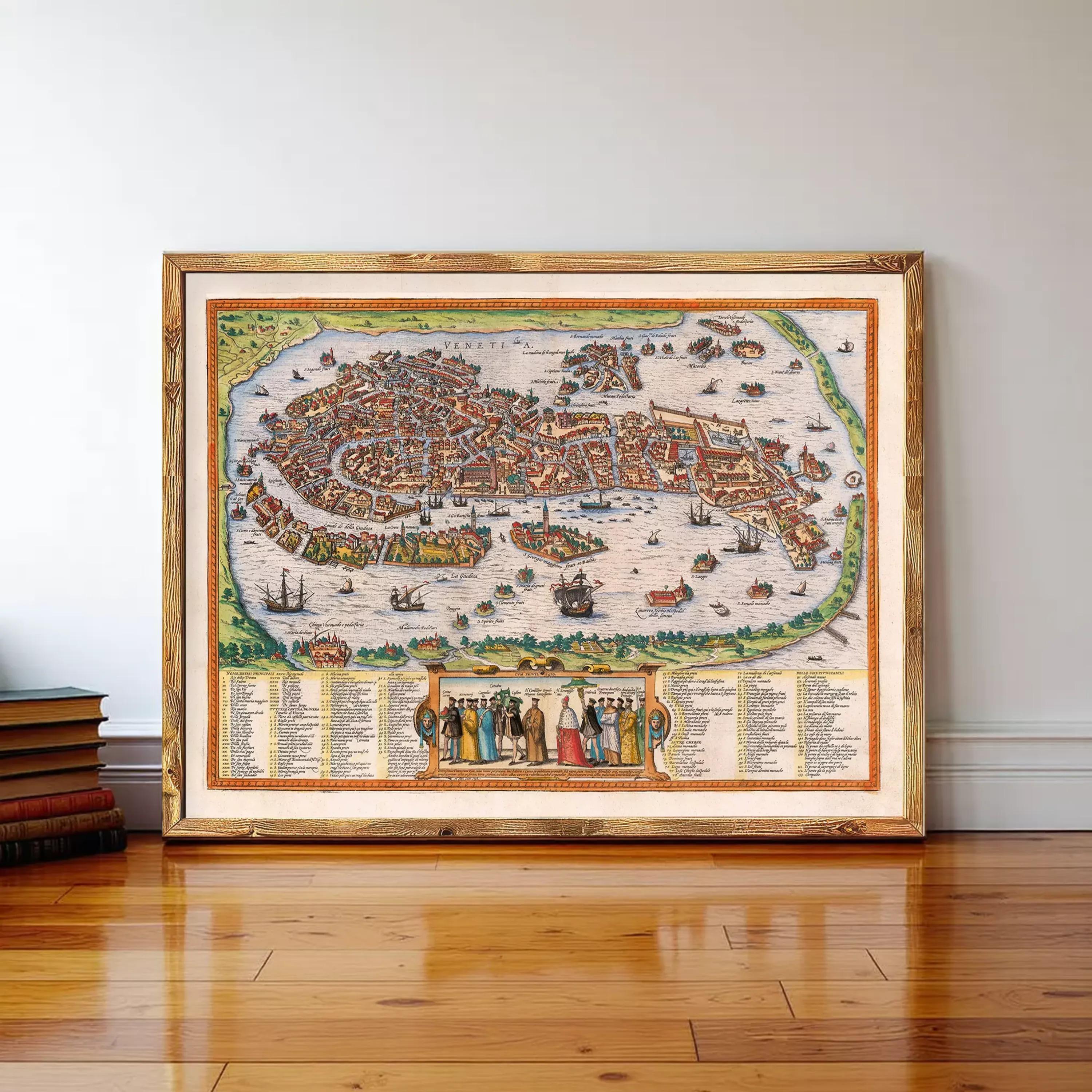 The image is a framed vintage map of Venice, Italy, depicting the city's layout and surrounding waterways.