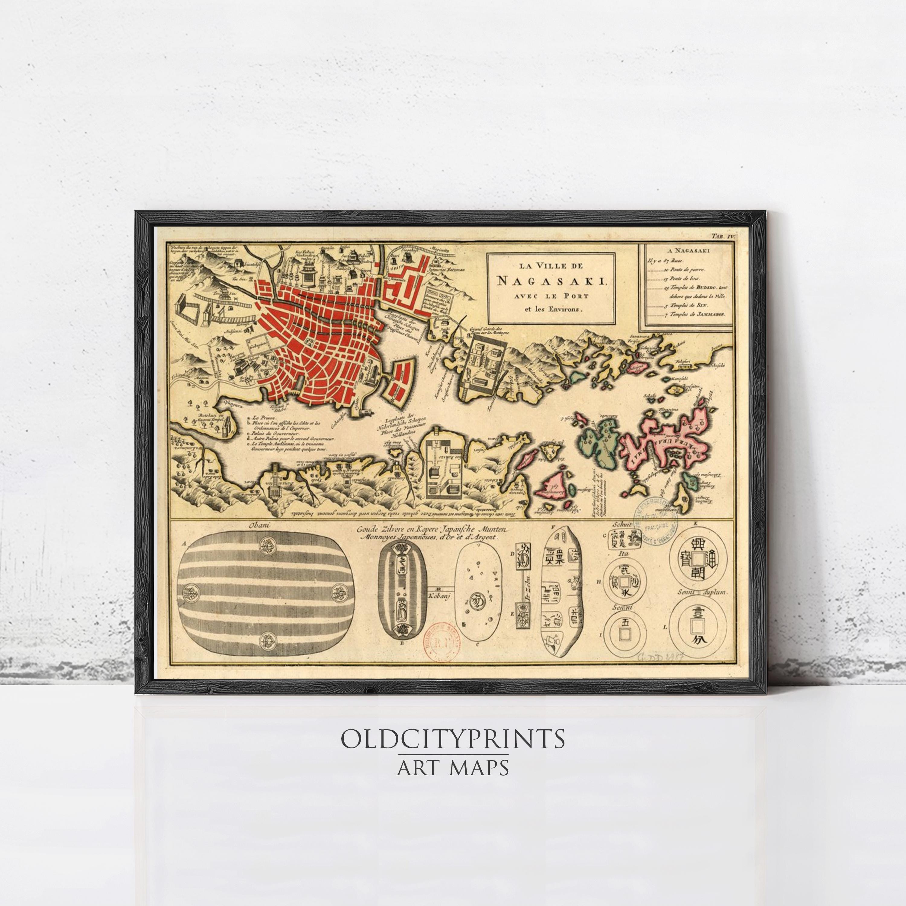 The image is a framed vintage map of Nagasaki, Japan, depicting the city and surrounding areas.