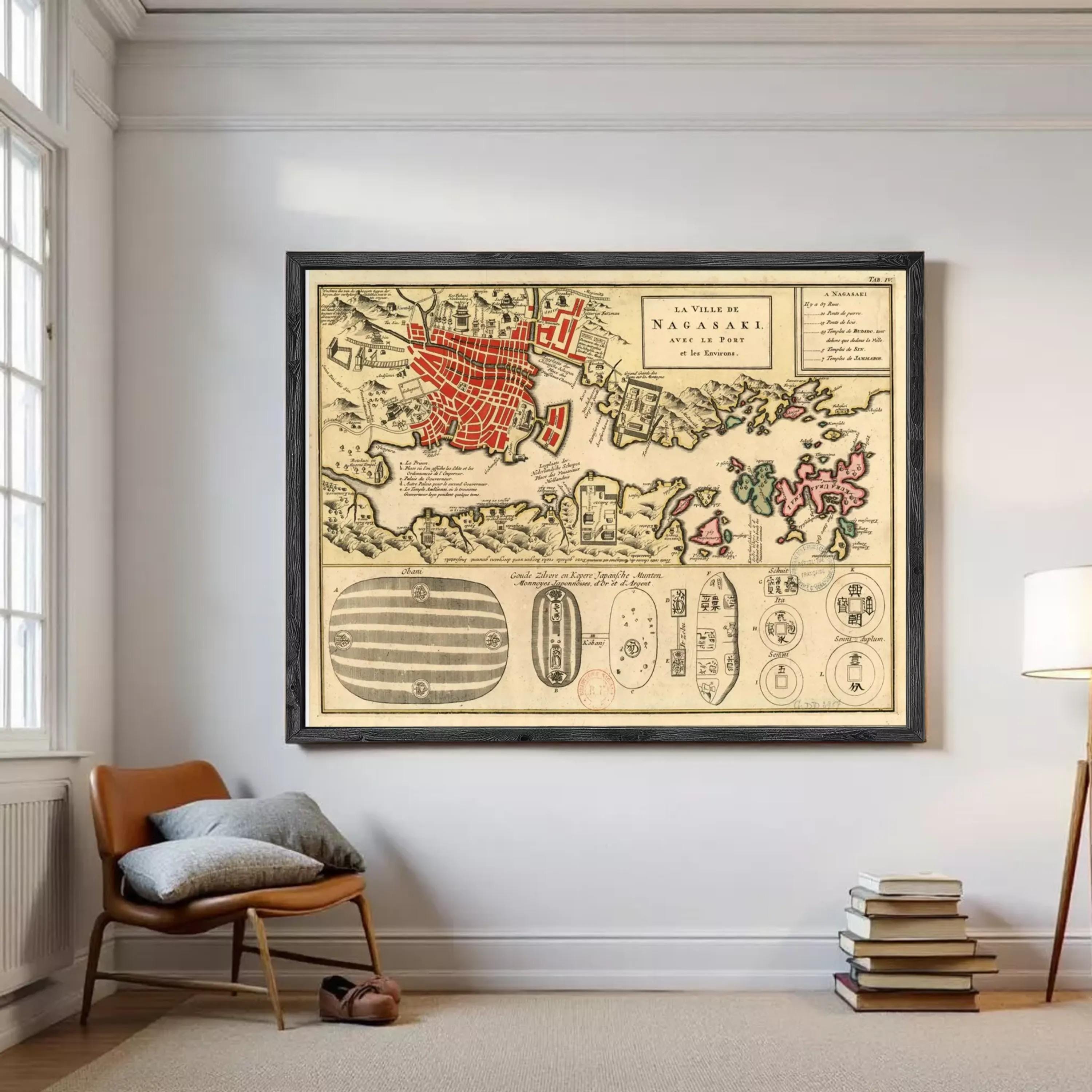 The image is a framed vintage map of Nagasaki, Japan, depicting the city and surrounding areas.