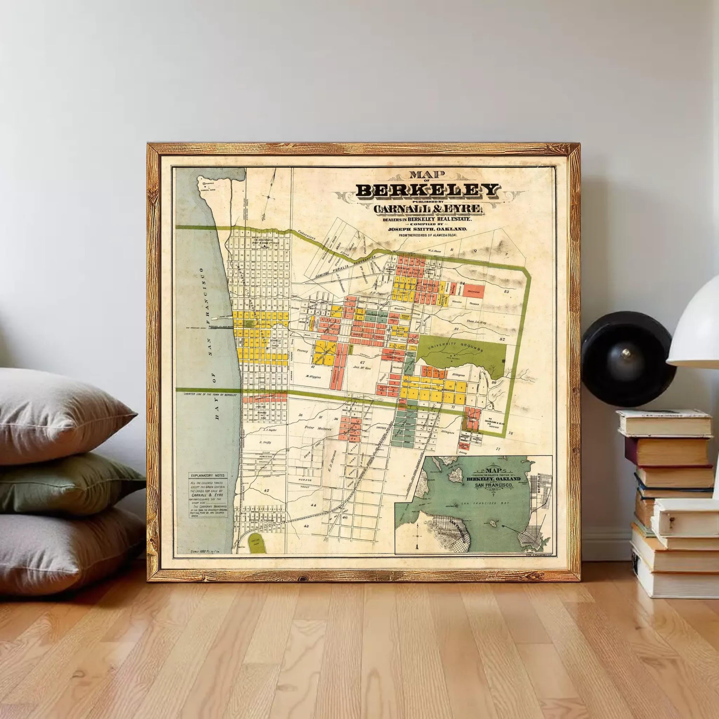 The image is a framed vintage map of the city of Berkeley, California, showing the layout of the city and surrounding areas.