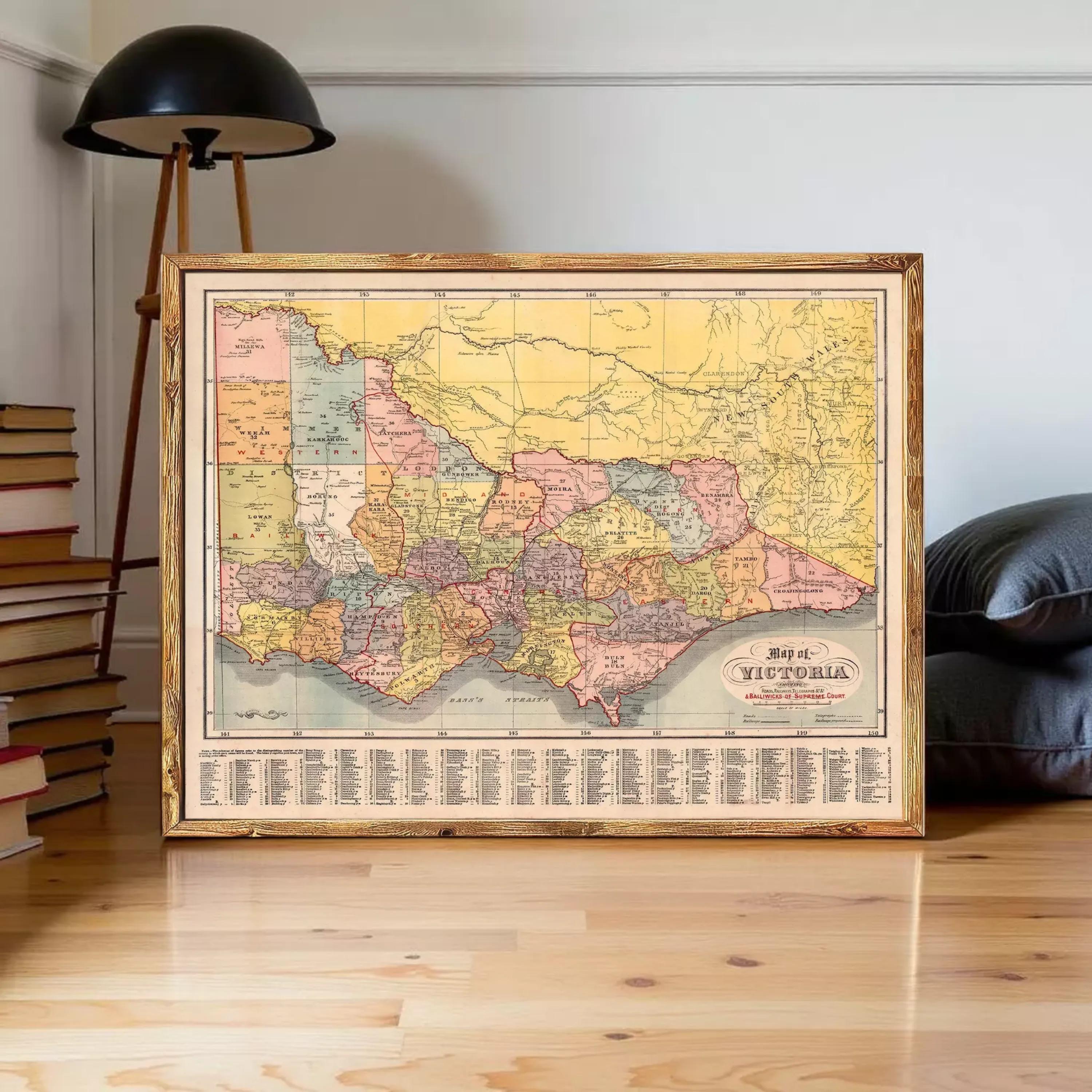 The image is a framed vintage map of Victoria, Australia, depicting the state's geographical layout and boundaries.