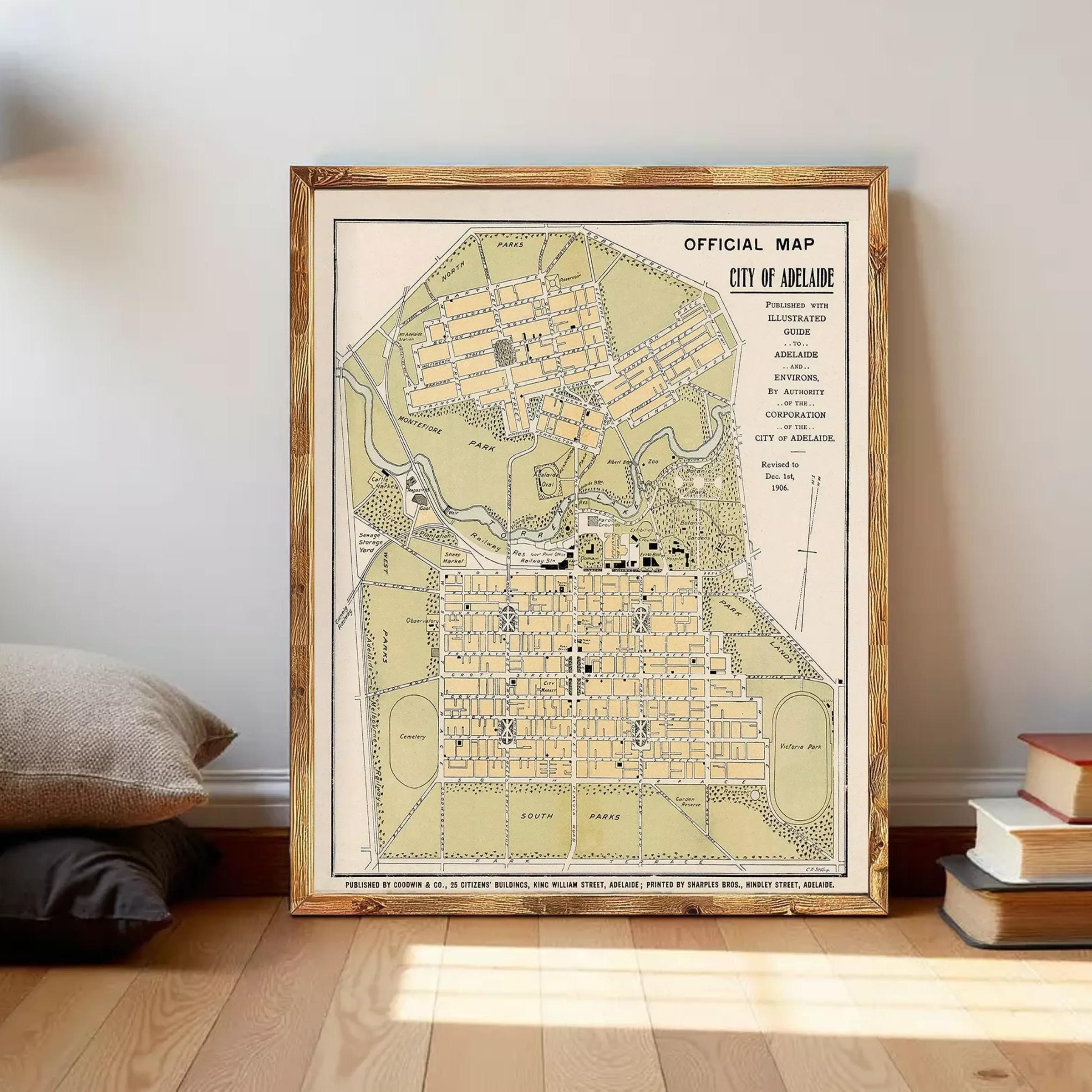 The image is an old map of the City of Adelaide, Australia, depicting the city's layout and surrounding areas.