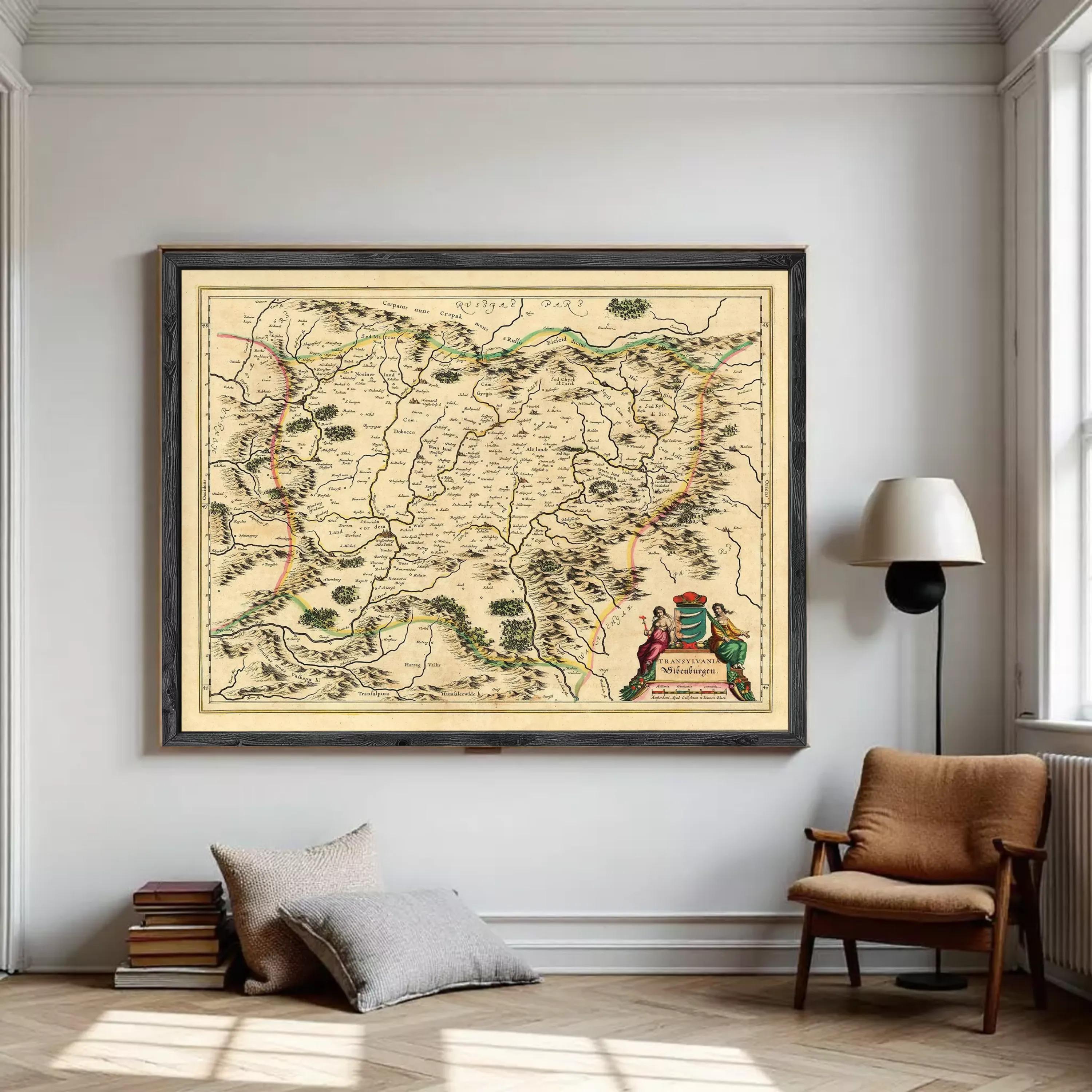 The image is a framed antique map of a region, likely from the 16th century, with detailed geographical markings and illustrations.