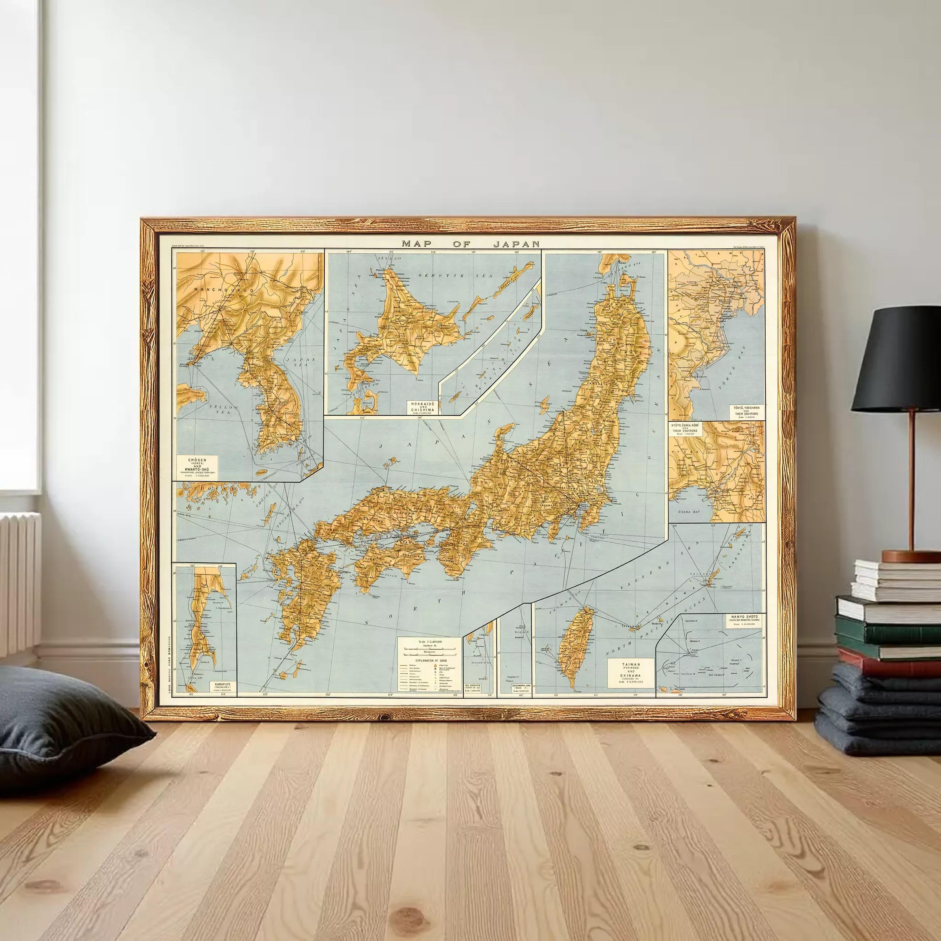 The image is a framed vintage map of Japan, depicting the country's geographical layout and surrounding areas.