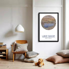 A framed poster depicting a map of Lake Tahoe, with the text "Lake Tahoe" and the coordinates "39°05'N 120°5'W" below the map.