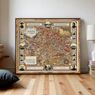 The image is a framed vintage map of Melbourne, Australia, depicting various landmarks and locations within the city.