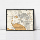 The image is a framed vintage map of Melbourne, Australia, depicting the city's layout and surrounding areas.