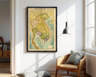 The image is a framed vintage map of Southeast Asia, including countries such as Thailand, Vietnam, and Laos.