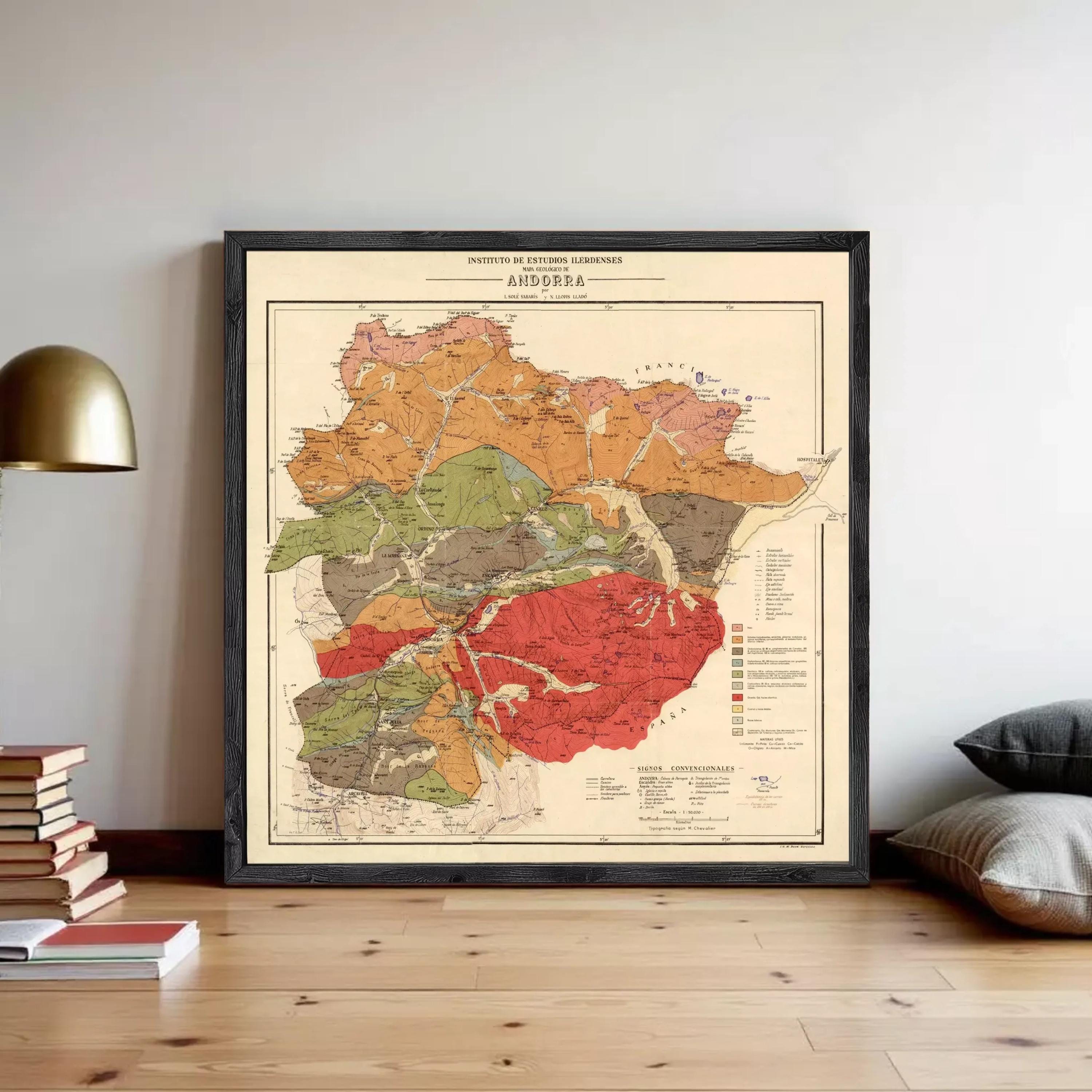 The image is a framed vintage geological map of the Andorra region, depicting various geological features and zones.