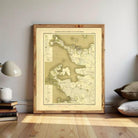 The image is a framed map of a region, likely a coastal area, with various labels and details indicating geographical features and locations.