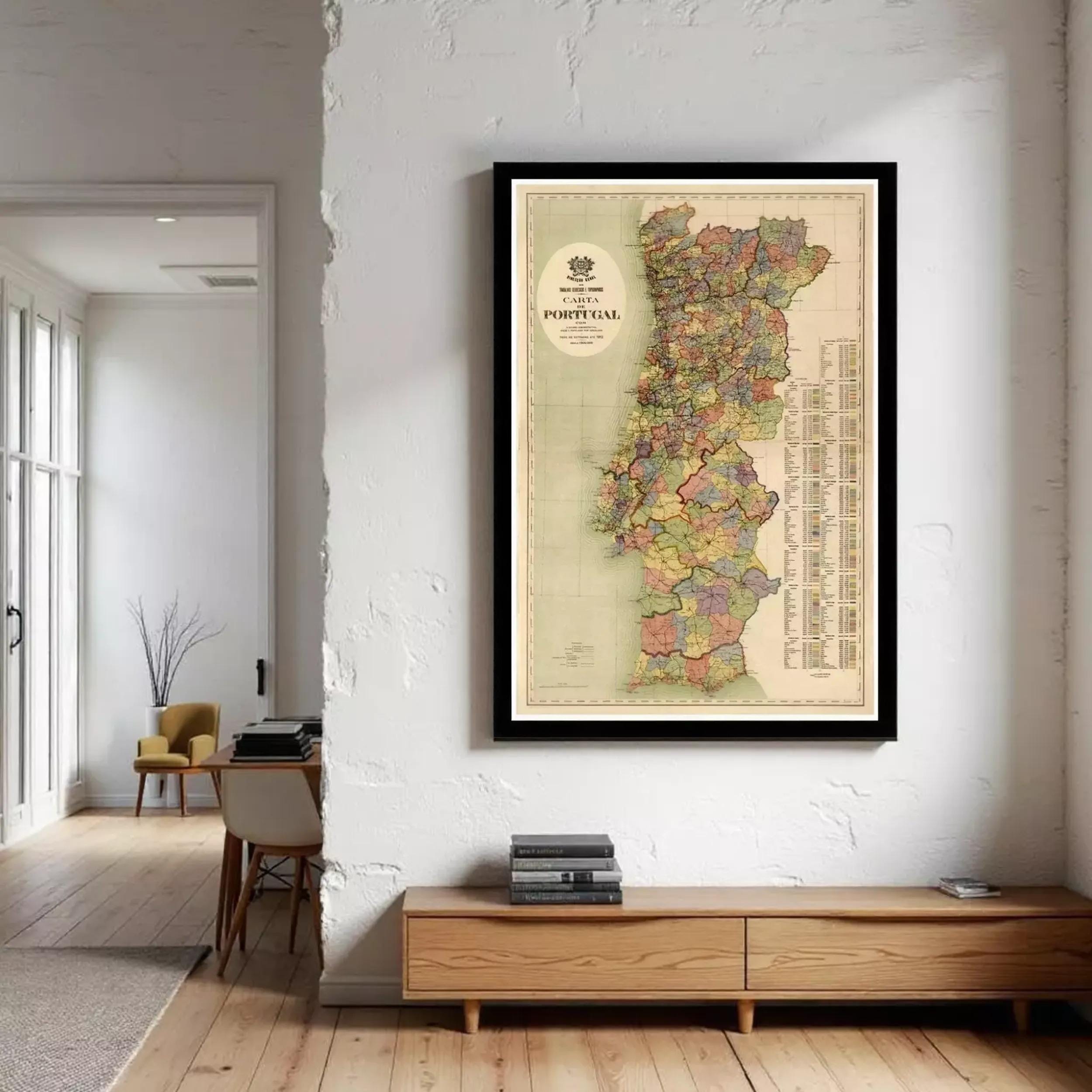a large framed map of Portugal hanging on a wall in a room.