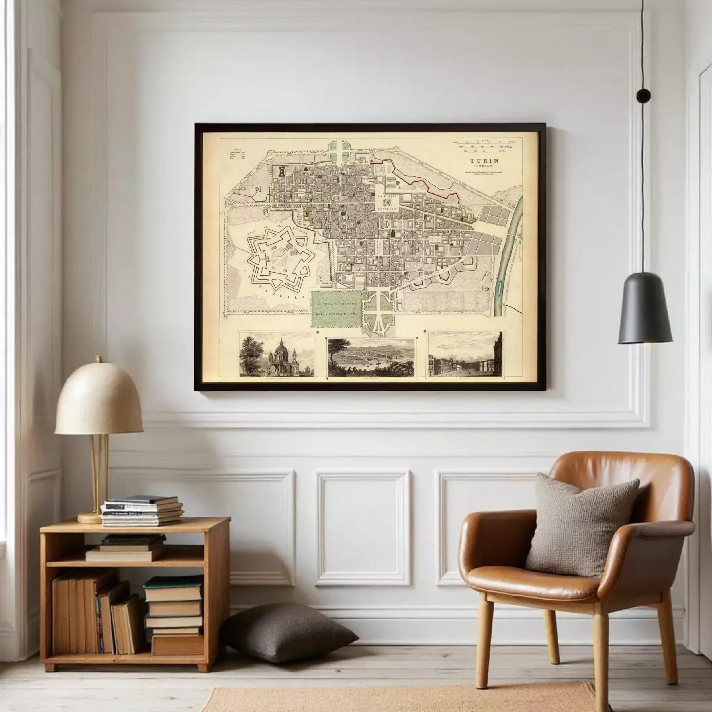 The image is a framed historical map of Turin, Italy, depicting the city's layout and surrounding areas.