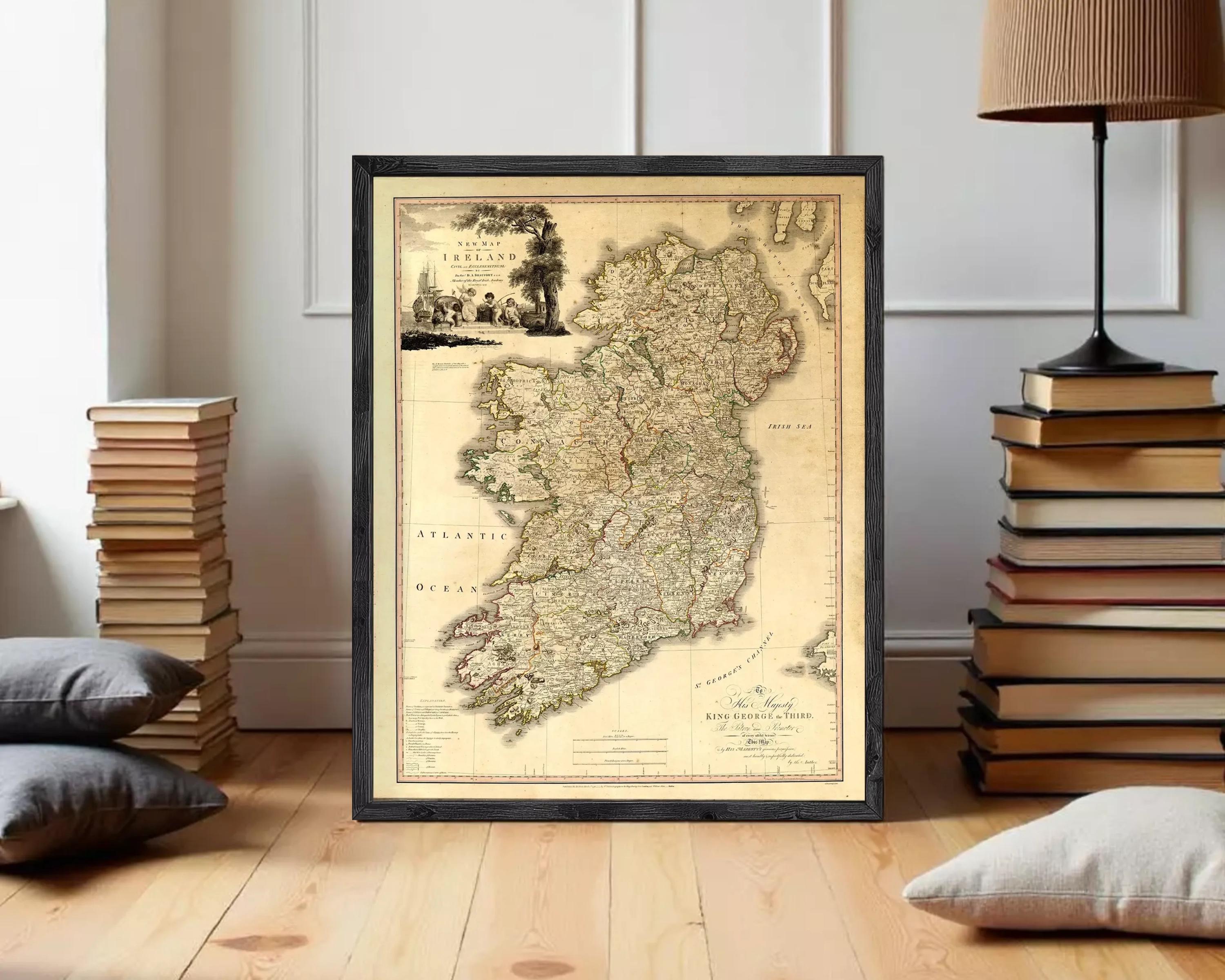 The image is a framed map of Ireland, depicting the country's geographical layout and surrounding areas.