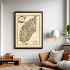 The image is a framed map of a region, possibly a country or island, with detailed geographical markings and labels.