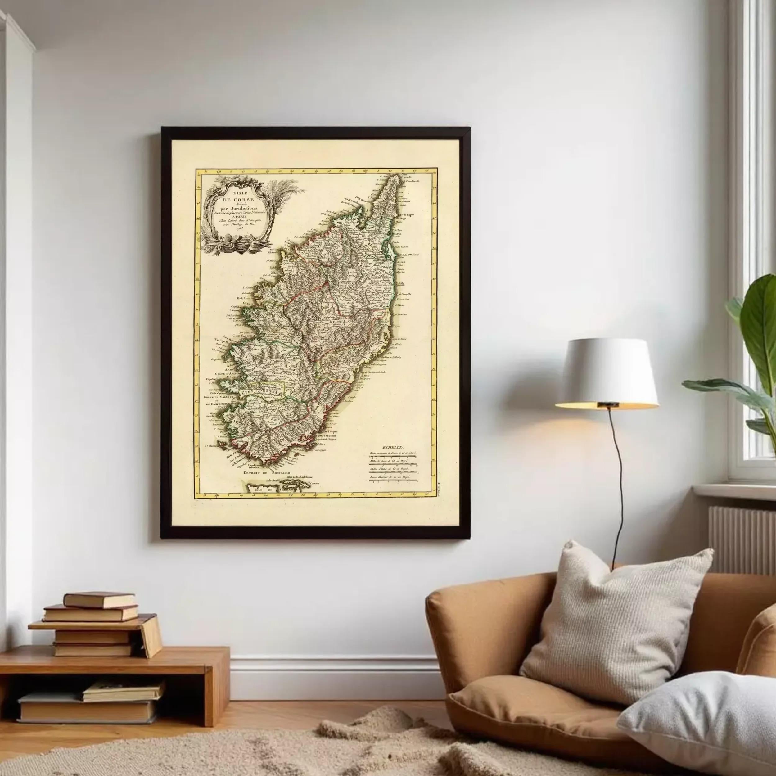 The image is a framed map of a region, possibly a country or island, with detailed geographical markings and labels.