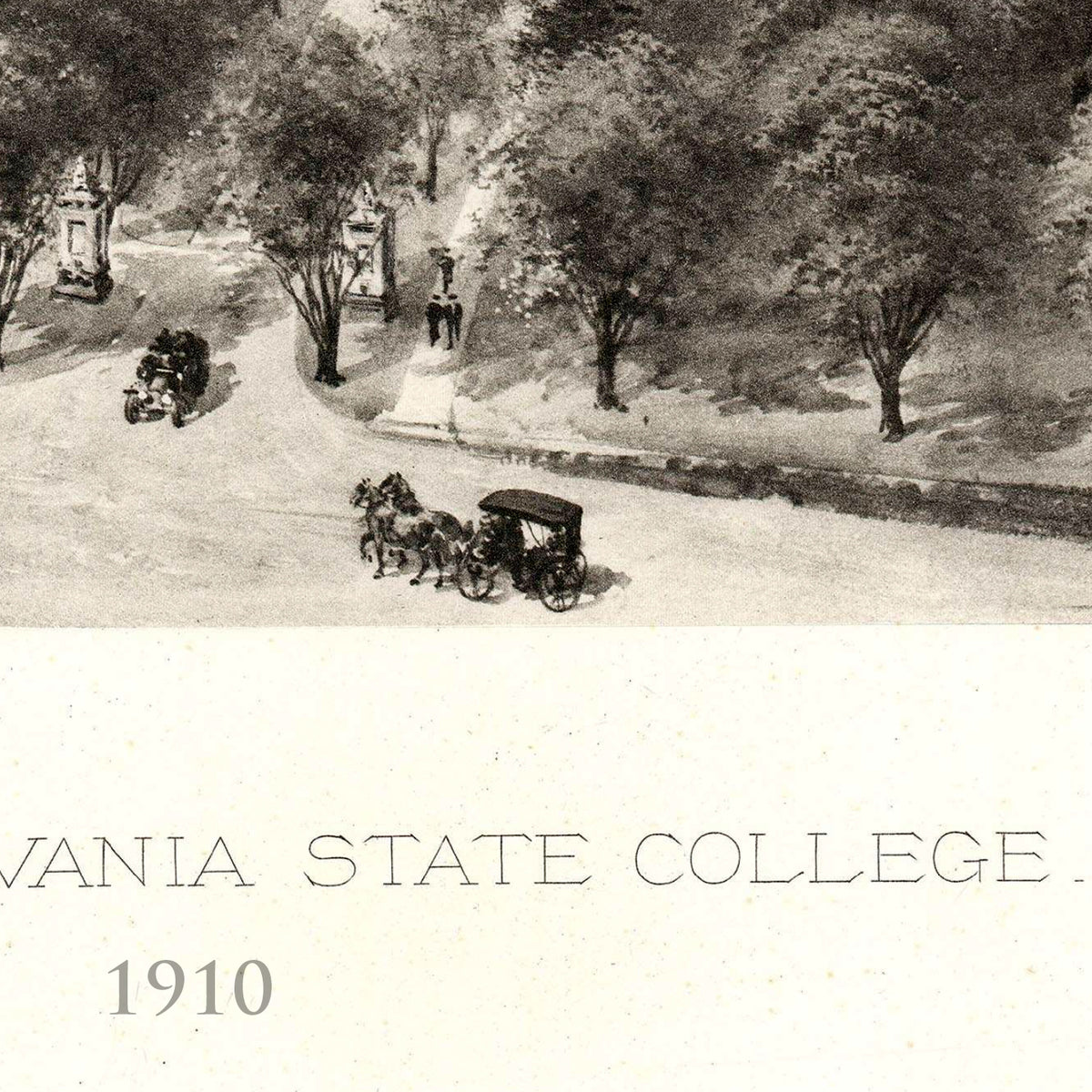 a horse-drawn carriage on a road, with trees and buildings in the background, and the text "VANIA STATE COLLEGE. 1910" at the bottom.