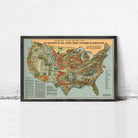 The image is a framed poster depicting a map of the United States, highlighting the country's agricultural production.