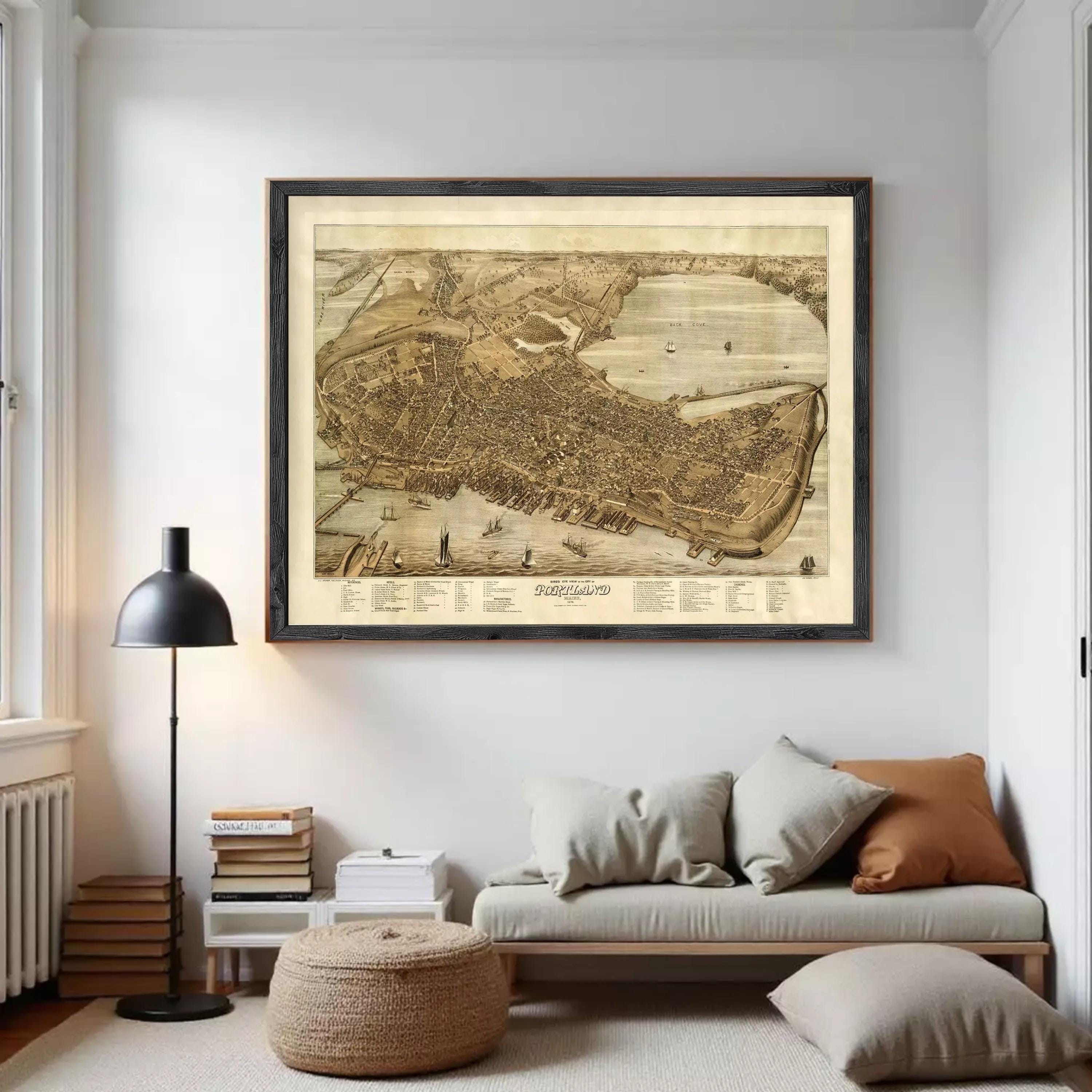 The image is a framed vintage map of a city, depicting a detailed layout of the city's streets, landmarks, and surrounding areas.
