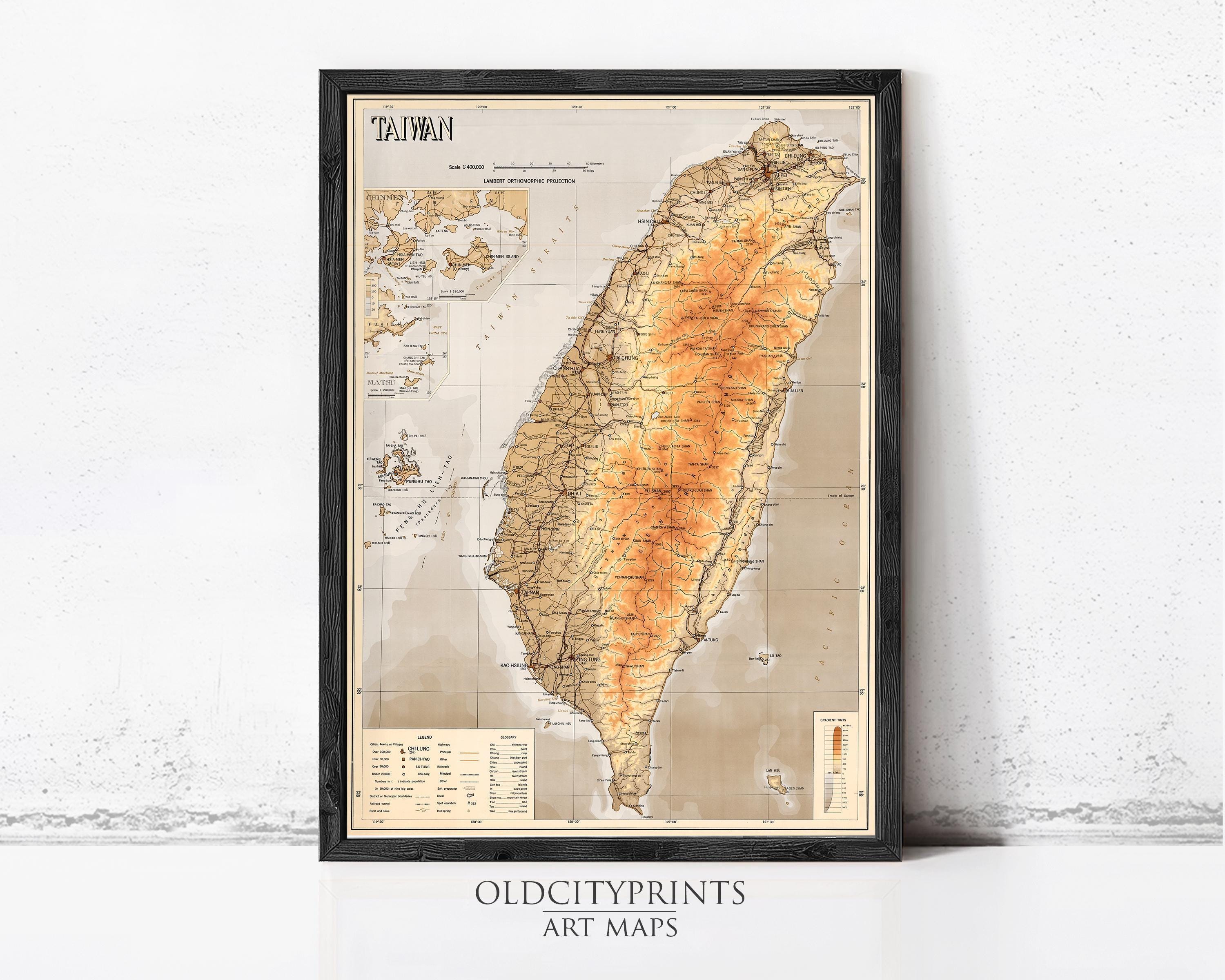 The image is a framed map of Taiwan, depicting the country's geographical layout and major cities.