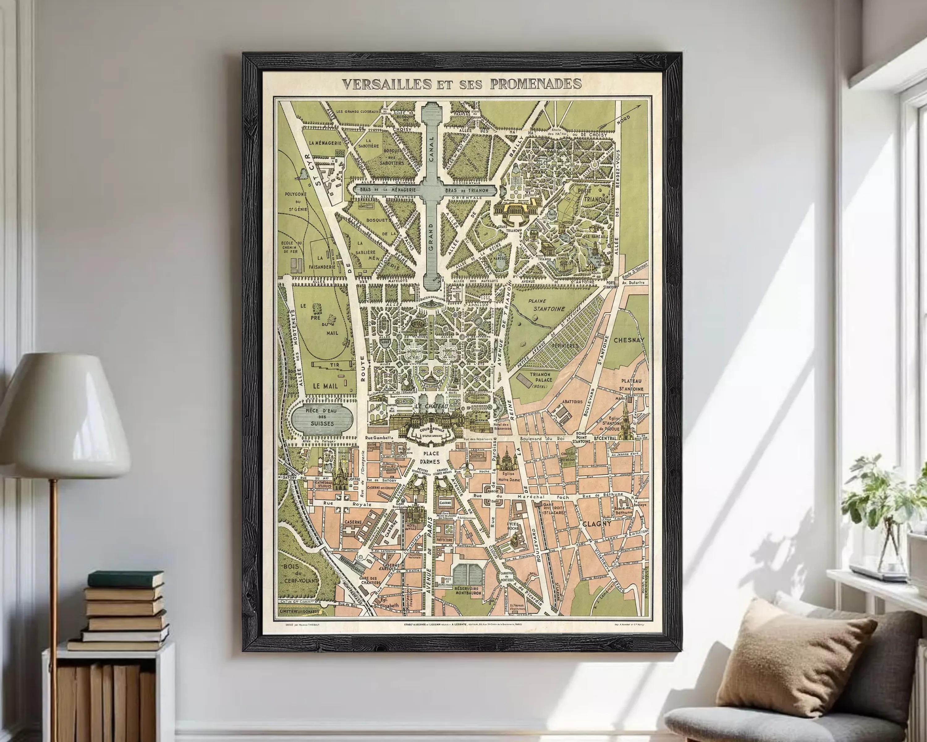 a large framed map of Versailles, the historic palace and garden complex in Paris, France.
