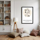 A framed vintage map of New Zealand, with the text "new Zealand" and the coordinates "41.17°S 74.46°E" below the map.